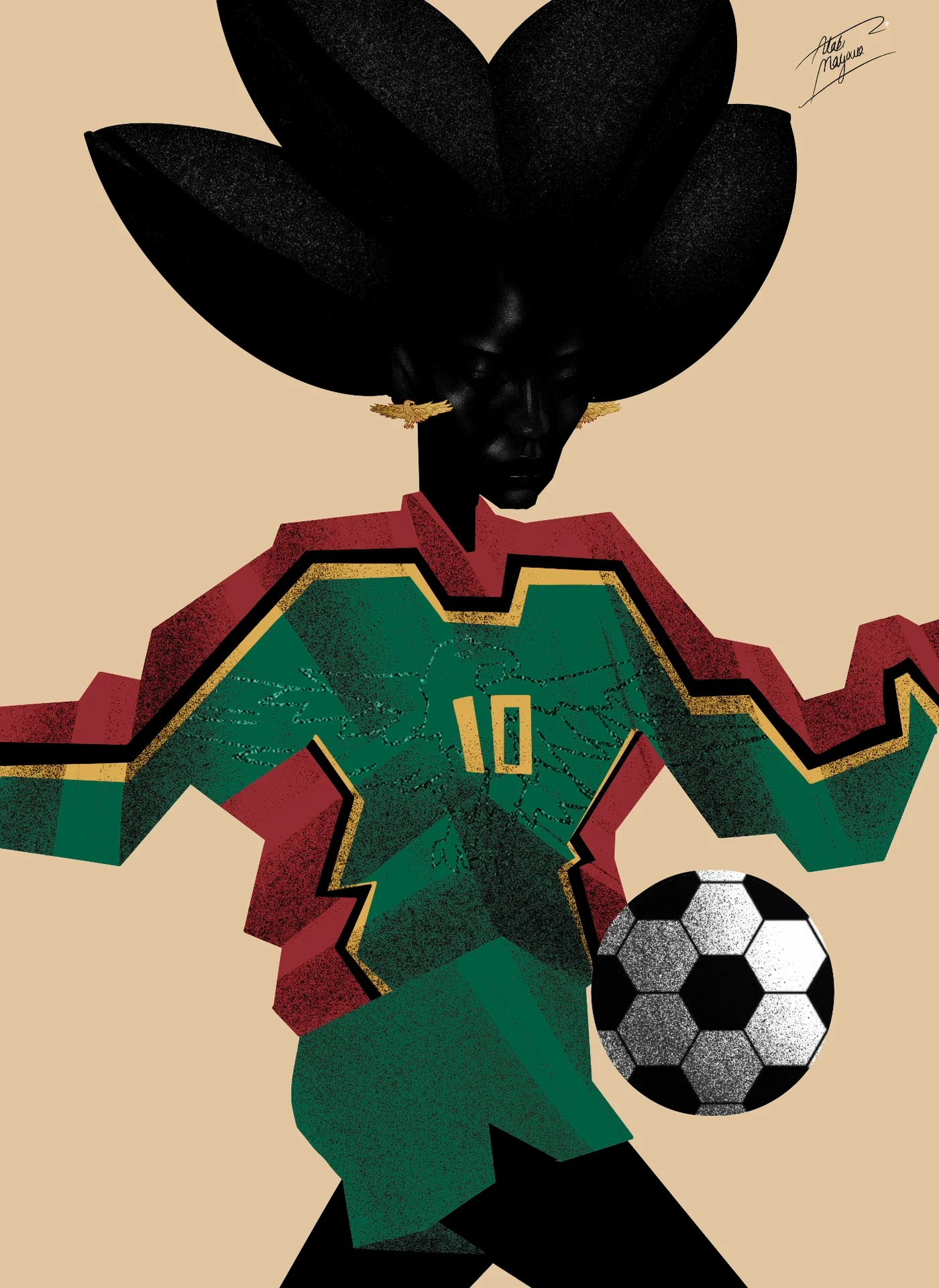 Illustration of a Black woman with petal-shaped black hair, in a green number 10 shirt with red and gold zigzag trim, controlling a football, on beige