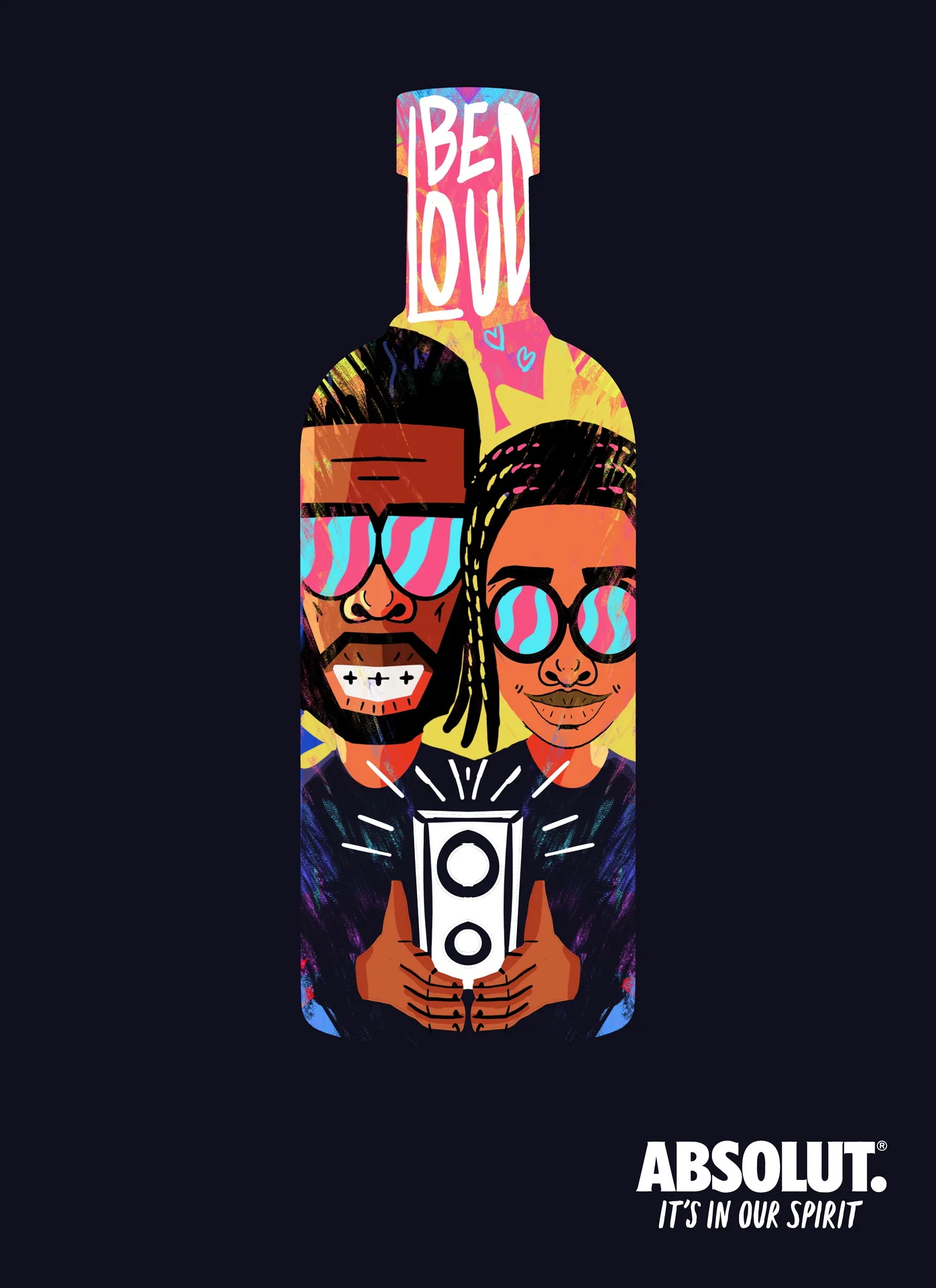 Absolut poster: a bottle showing two smiling people in wavy sunglasses holding a speaker, topped with "Be loud", tagline "It's in our spirit"