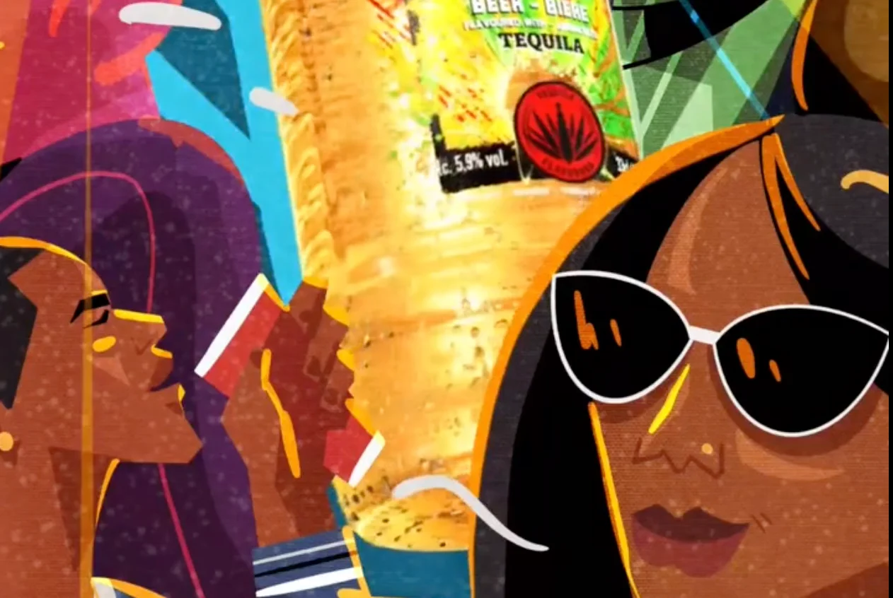 Animation reel still: illustrated partygoers, one in white cat-eye sunglasses, in front of a giant tequila-flavoured beer bottle