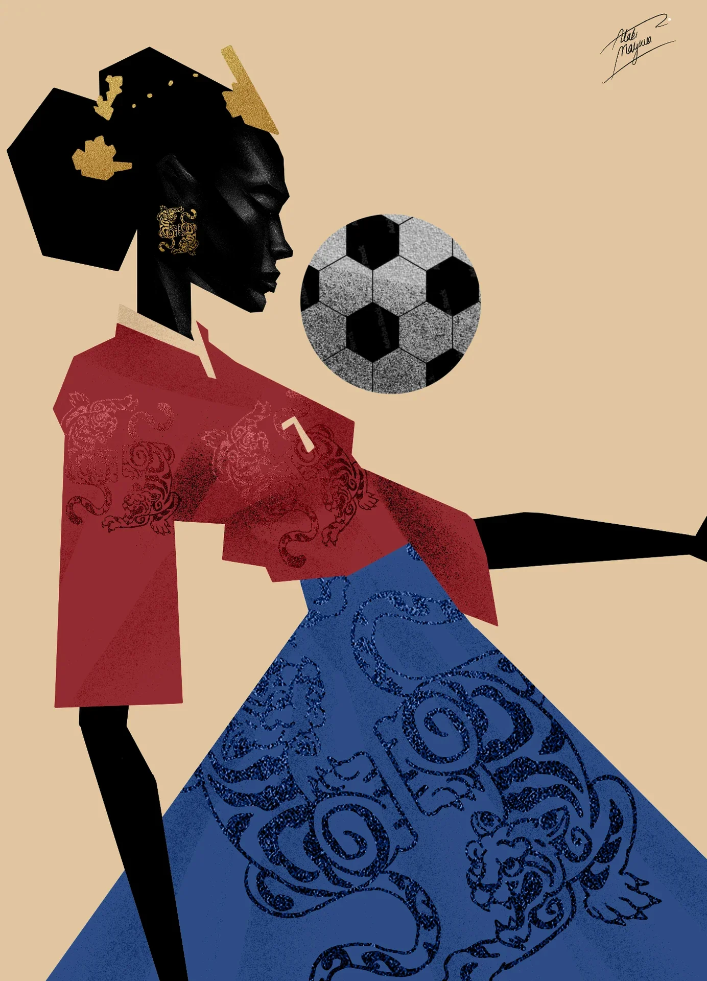 Illustration of a Black woman with gold hair ornaments in a red tiger-print top and flowing blue skirt with tigers, juggling a football near her face, on beige