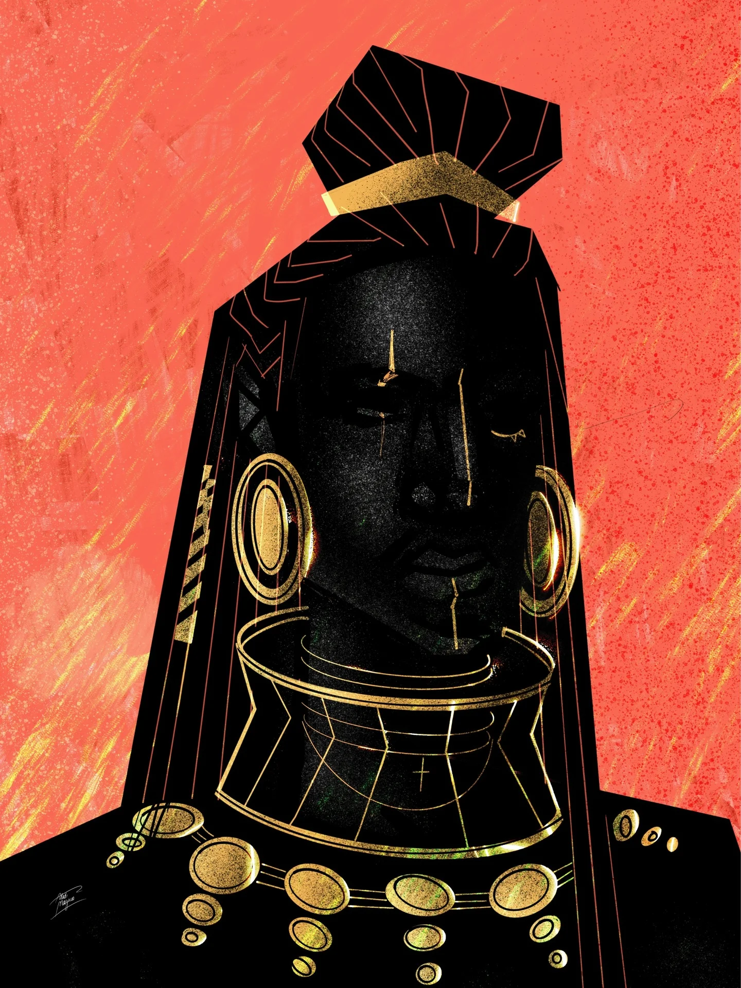 Illustration of a figure with a gold-banded topknot, large gold disc earrings and a wide gold collar, against coral orange