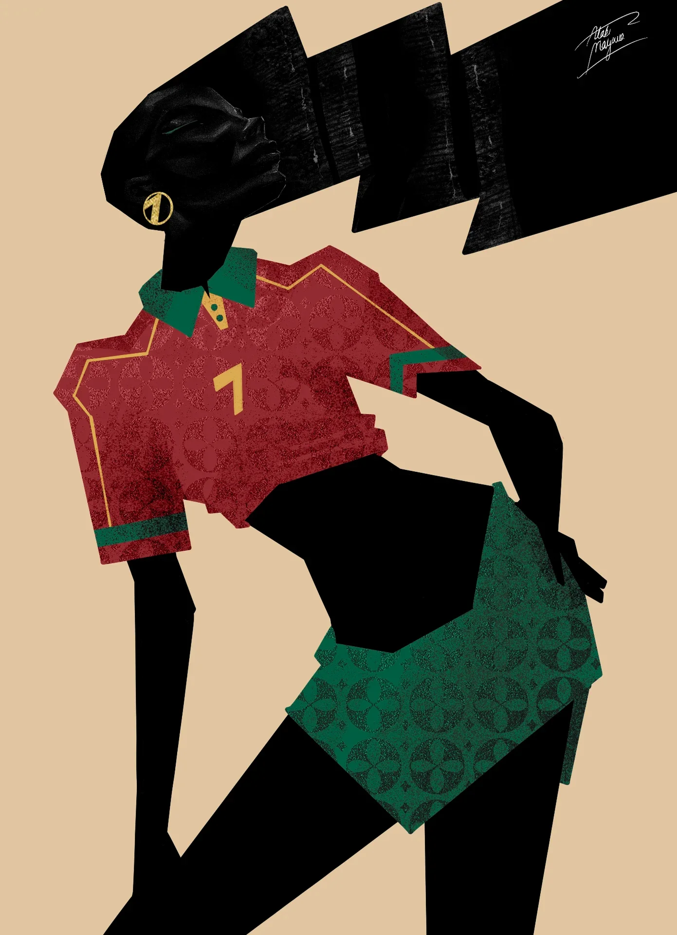 Illustration of a Black woman leaning back, long black hair streaming sideways, in a red number 7 football shirt with green collar and green patterned shorts, on beige