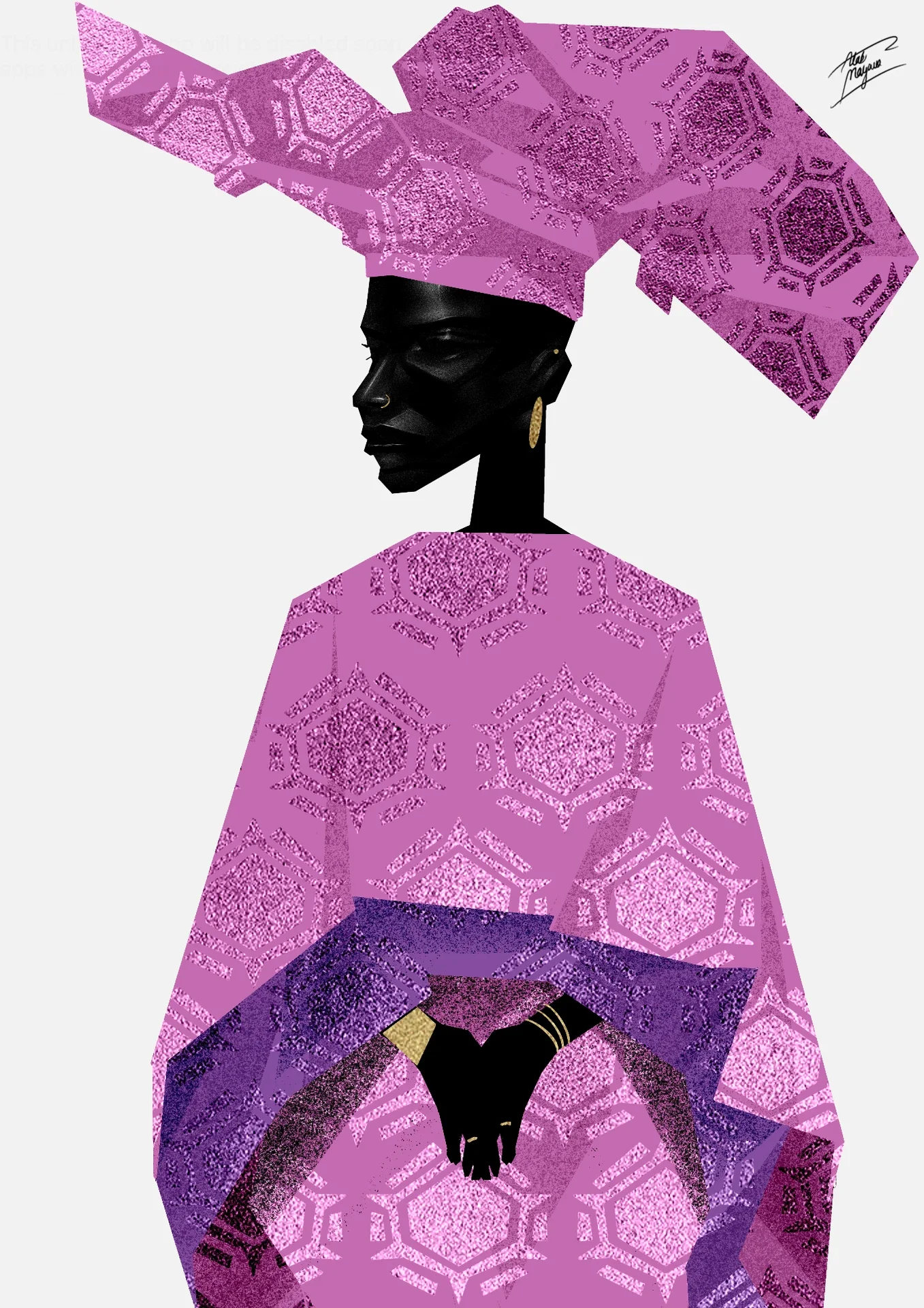 Illustration of a woman in a towering pink gele and matching patterned agbada-style outfit, hands clasped in front, on a plain white background