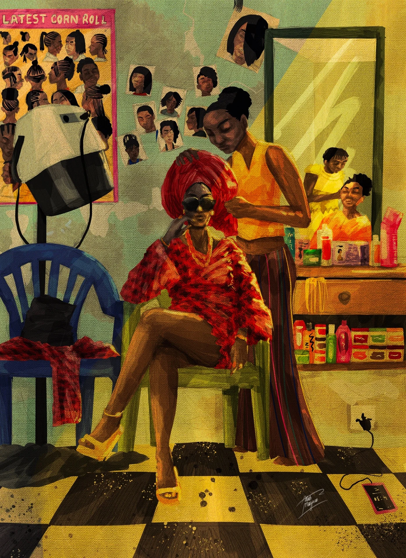 Illustration of a hair salon where a stylist in yellow ties a red gele on a seated woman in sunglasses, beneath a "Latest corn roll" poster and hood dryer