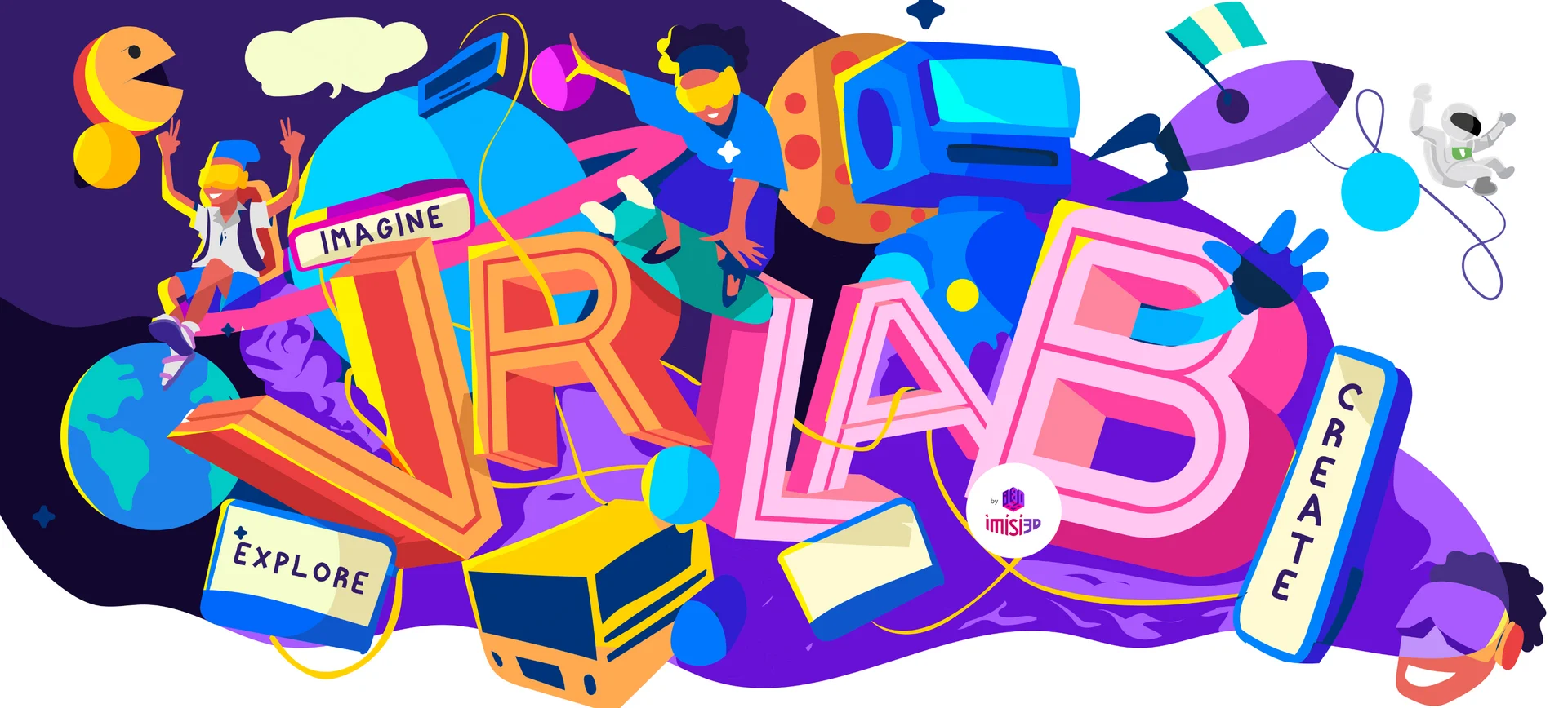 Imisi3D VR Lab artwork: big "VR Lab" lettering with "Imagine", "Explore" and "Create" labels, young people in VR headsets, planets and a rocket