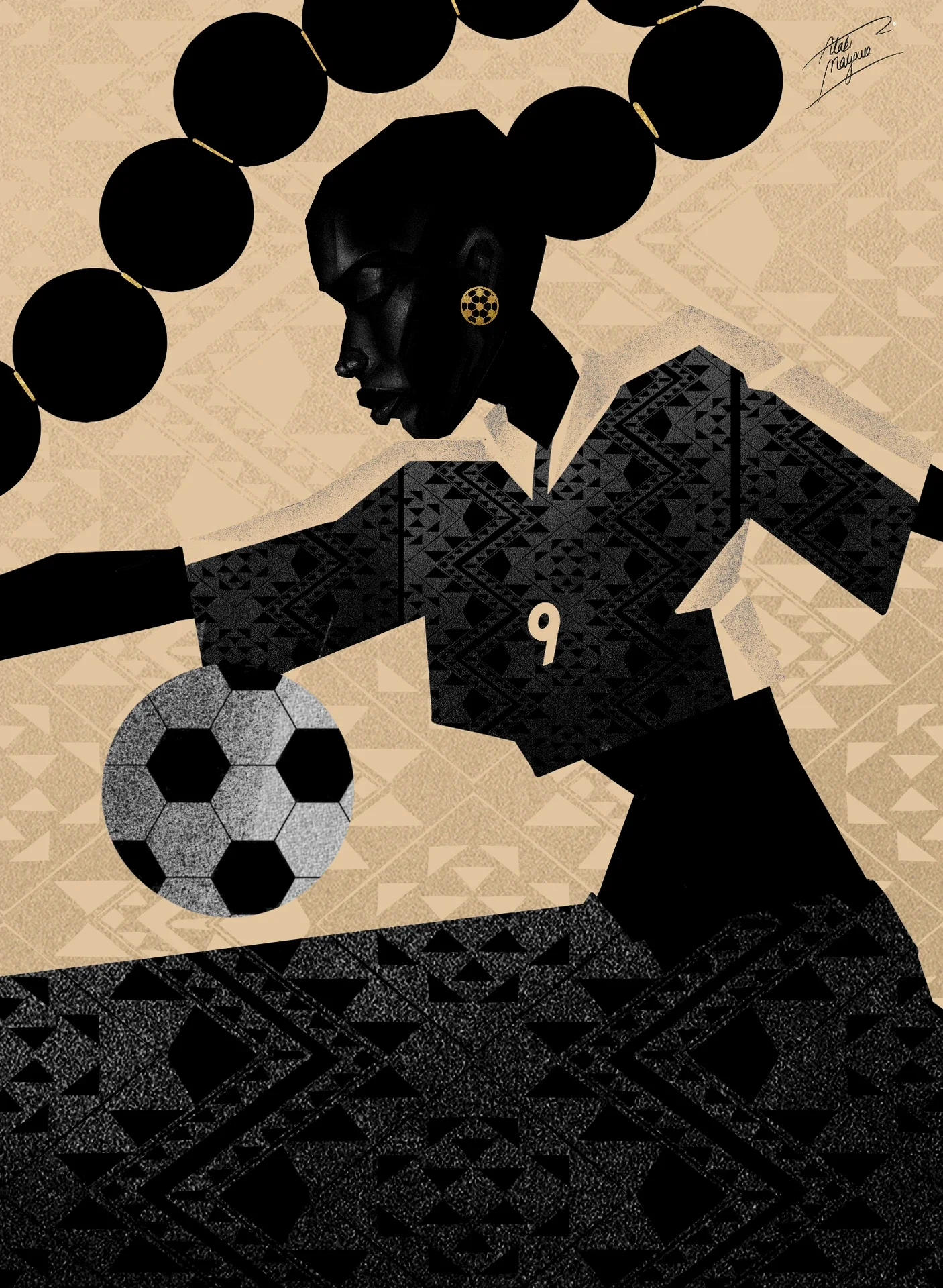 Illustration of a Black woman with a chain of round black hair puffs dribbling a football, in a black patterned number 9 shirt on a sand geometric background