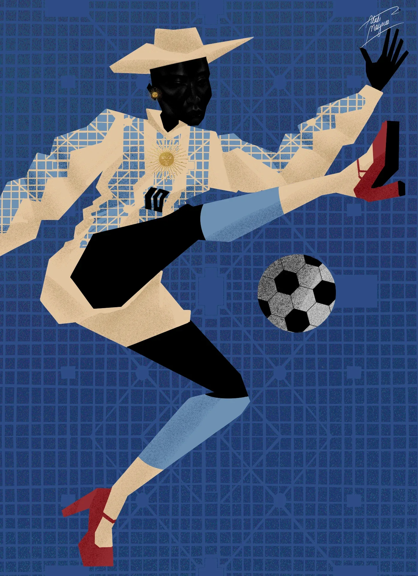 Illustration of a Black woman in a gaucho hat and pale blue and white shirt with a sun emblem, high-kicking a football in red platform heels, on a blue grid