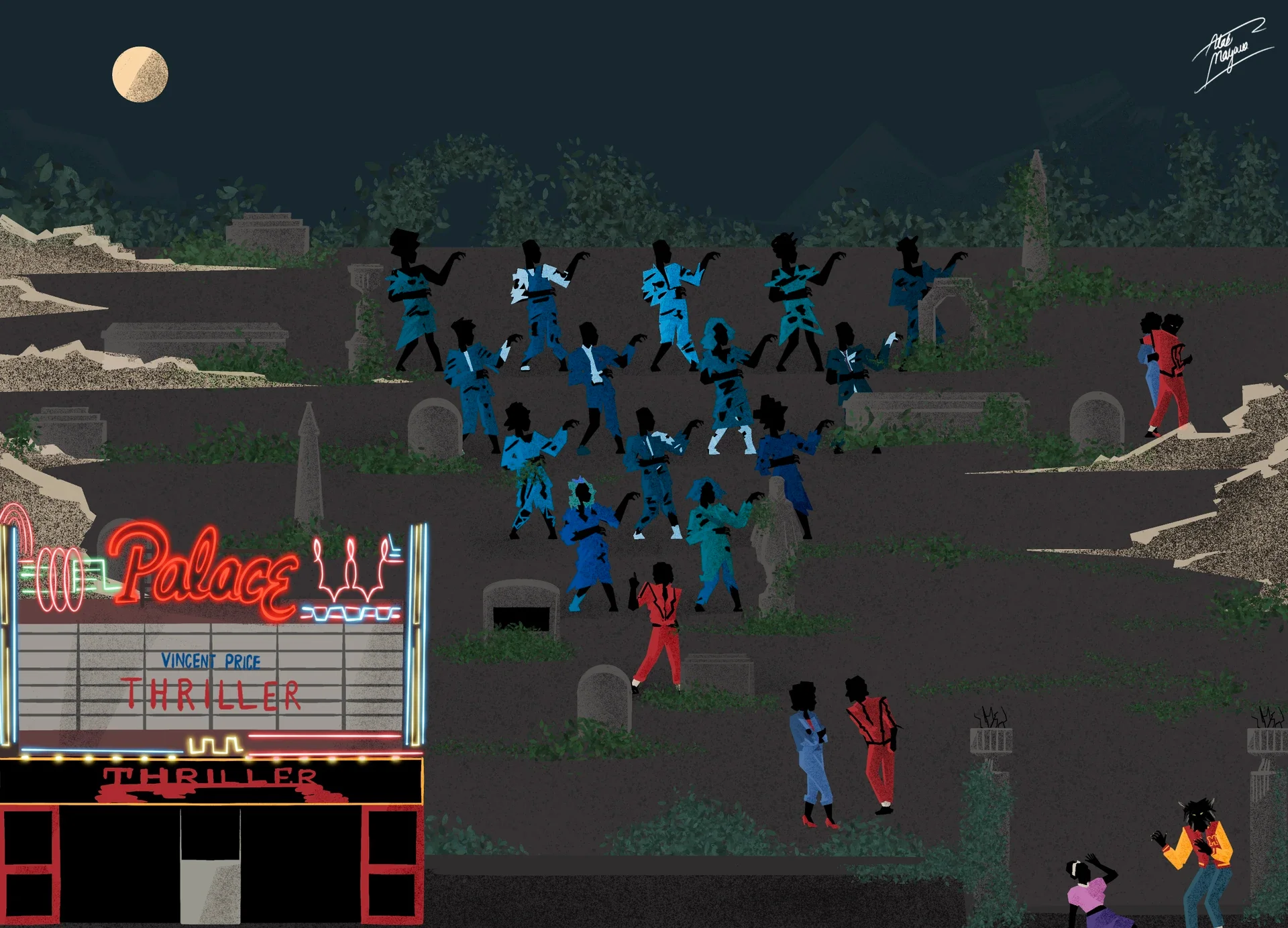 Illustration of a moonlit graveyard where a crowd of blue zombies dances behind a figure in a red jacket, beside a neon 'Palace' cinema marquee reading 'Vincent Price Thriller'