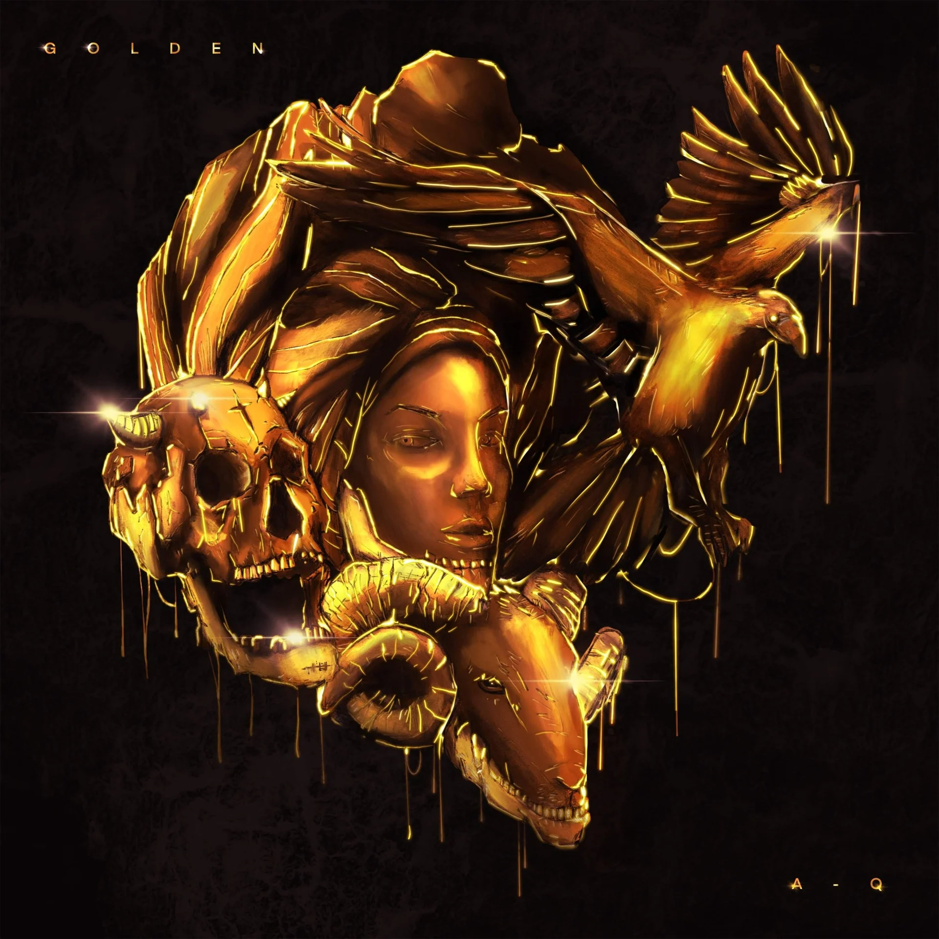 "Golden" cover for A-Q: a woman's face in dripping gold, surrounded by a skull, a ram's head and an eagle on black