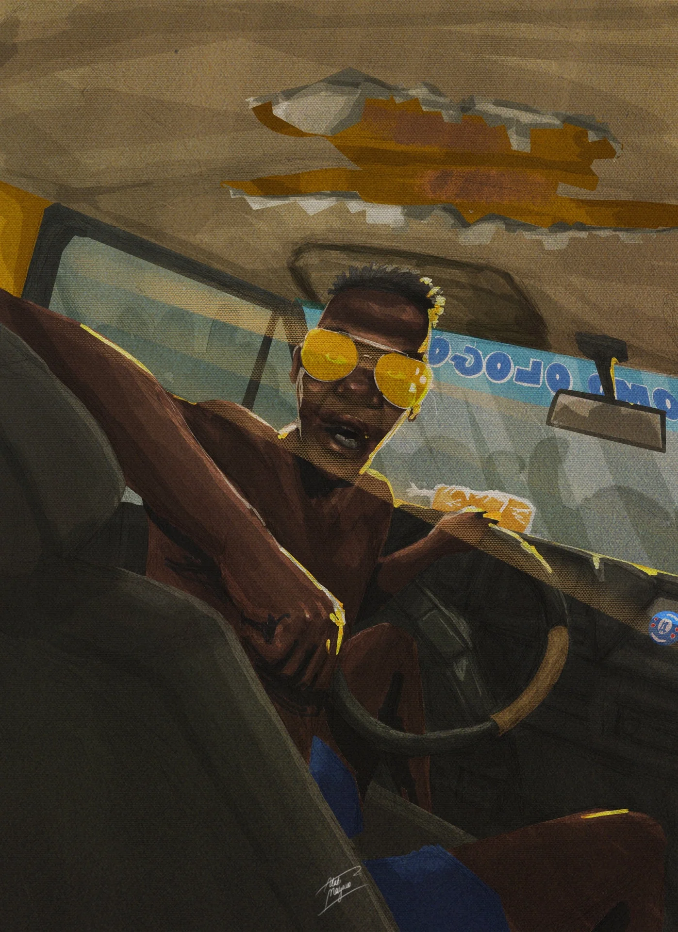 Illustration of a grinning man in yellow sunglasses leaning over the driver's seat of a Lagos danfo bus, an "Omo Ologo" sign on the windscreen
