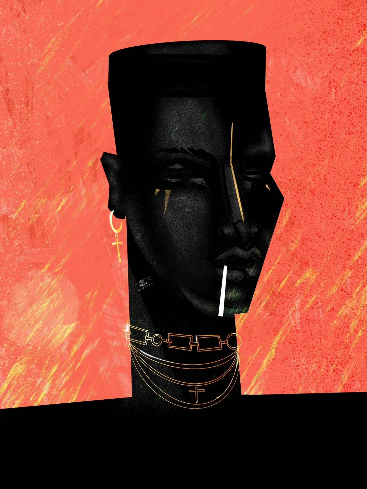 Illustration of an angular face with a flat-top haircut, gold facial marks, a cross earring and layered gold chains, against coral orange