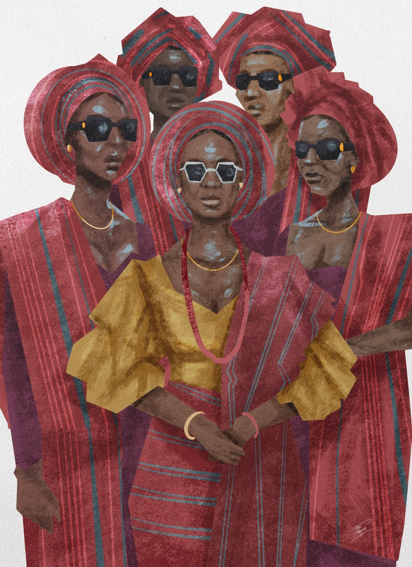 Illustration of five Black women in matching red striped aso-oke and gele with dark sunglasses, the woman in front in a gold blouse and white hexagonal glasses