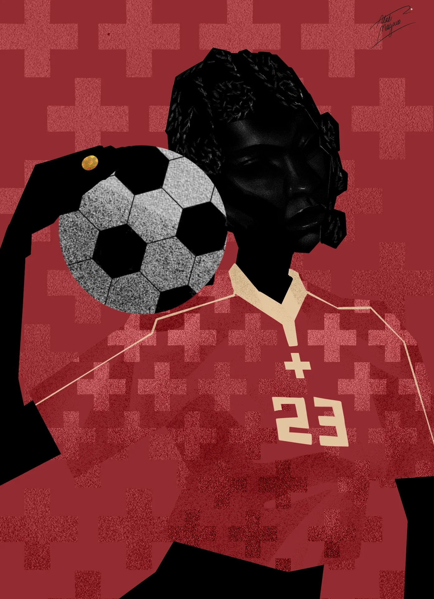 Illustration of a Black woman with braids holding a football by her head, in a red number 23 shirt with a white cross, against a red pattern of crosses