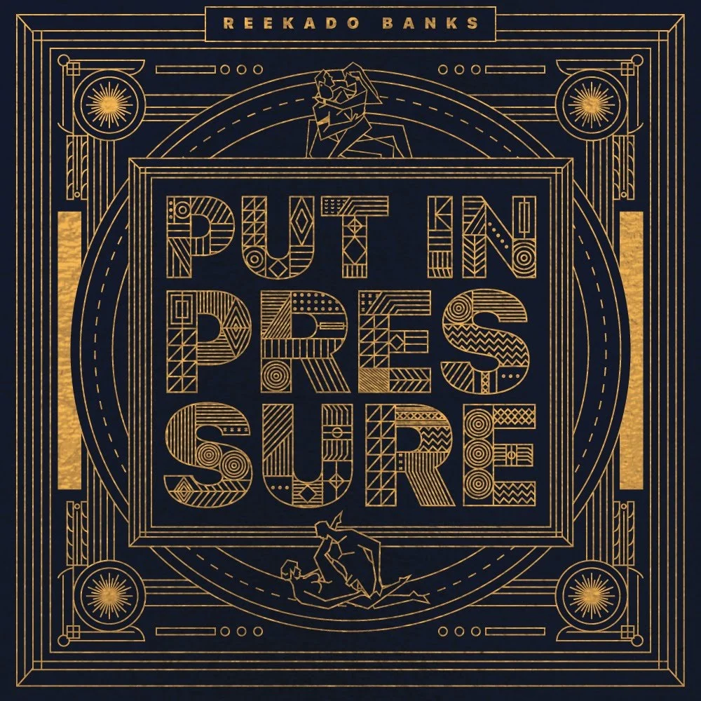 Cover for "Put in Pressure" by Reekado Banks: gold patterned lettering in an art deco frame with small figures of a dancing couple
