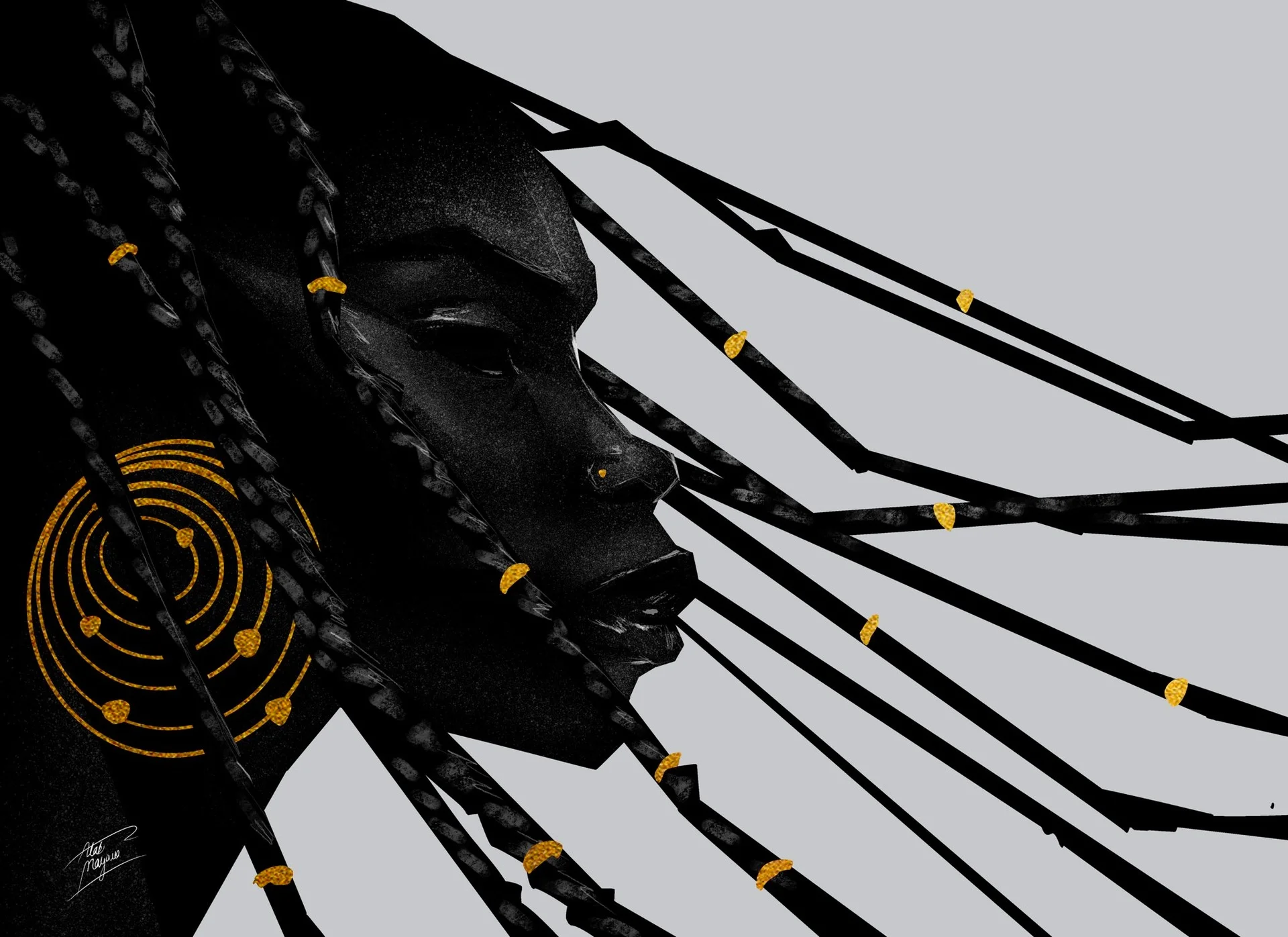 Illustration of a Black woman in profile with long braids streaming sideways, gold cuffs in her hair and a large gold spiral earring, on a pale grey background