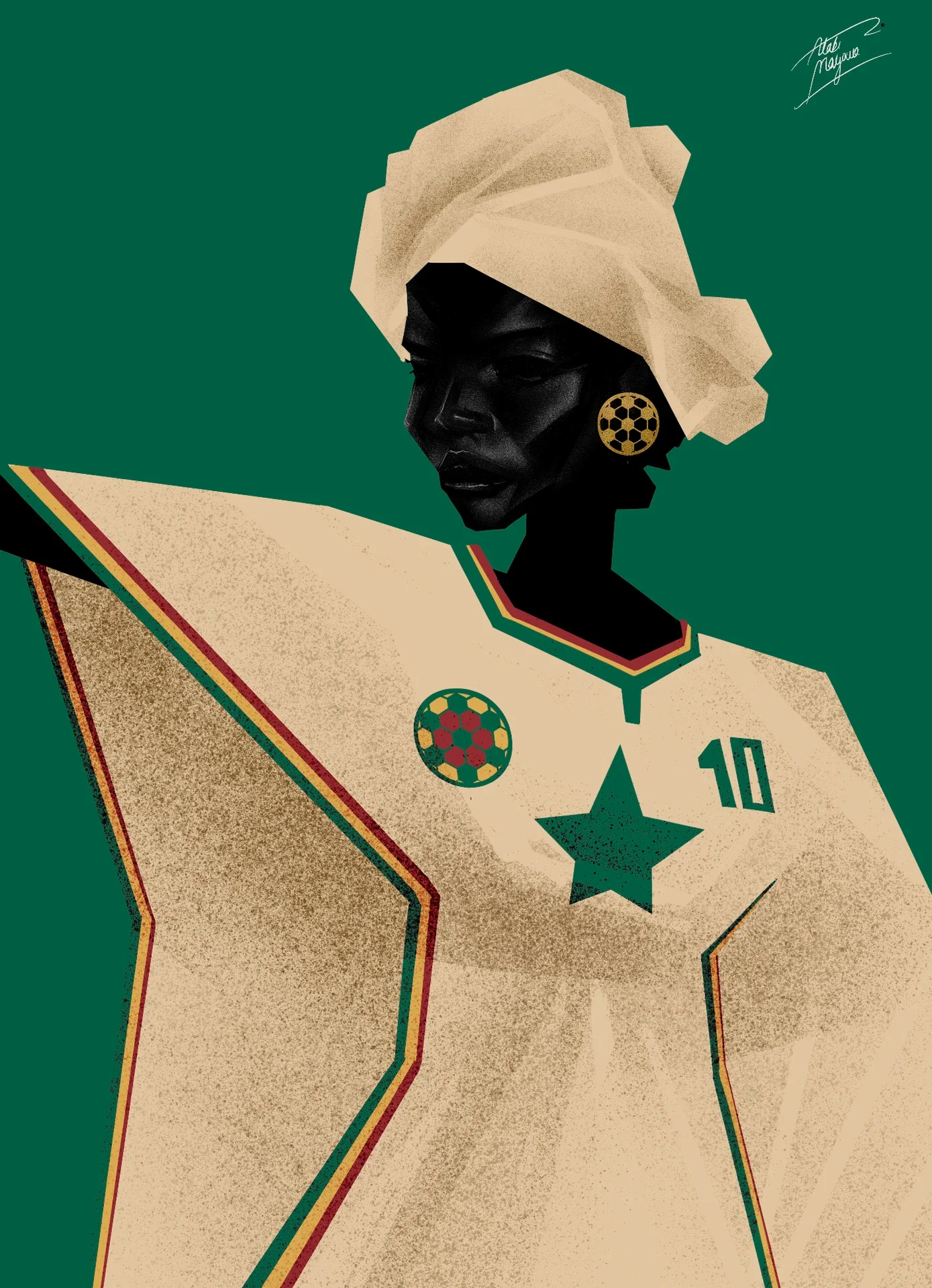 Illustration of a Black woman in a cream head wrap and flowing cream number 10 shirt with a green star and green, gold and red trim, on a green background