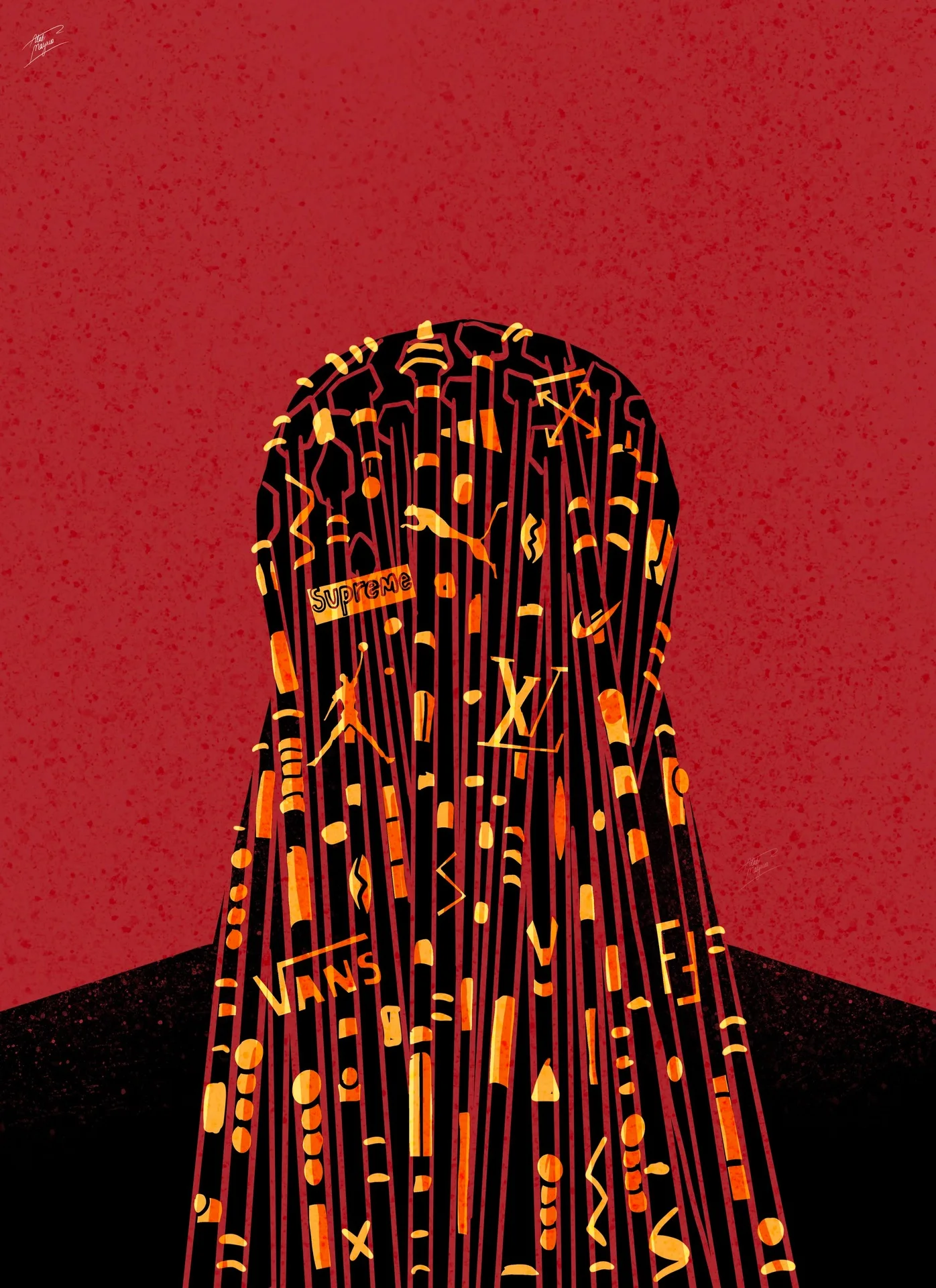 Silhouette of a head seen from behind on a speckled red background, its long braids filled with orange fashion logos such as Supreme, Puma, Nike, LV and Vans