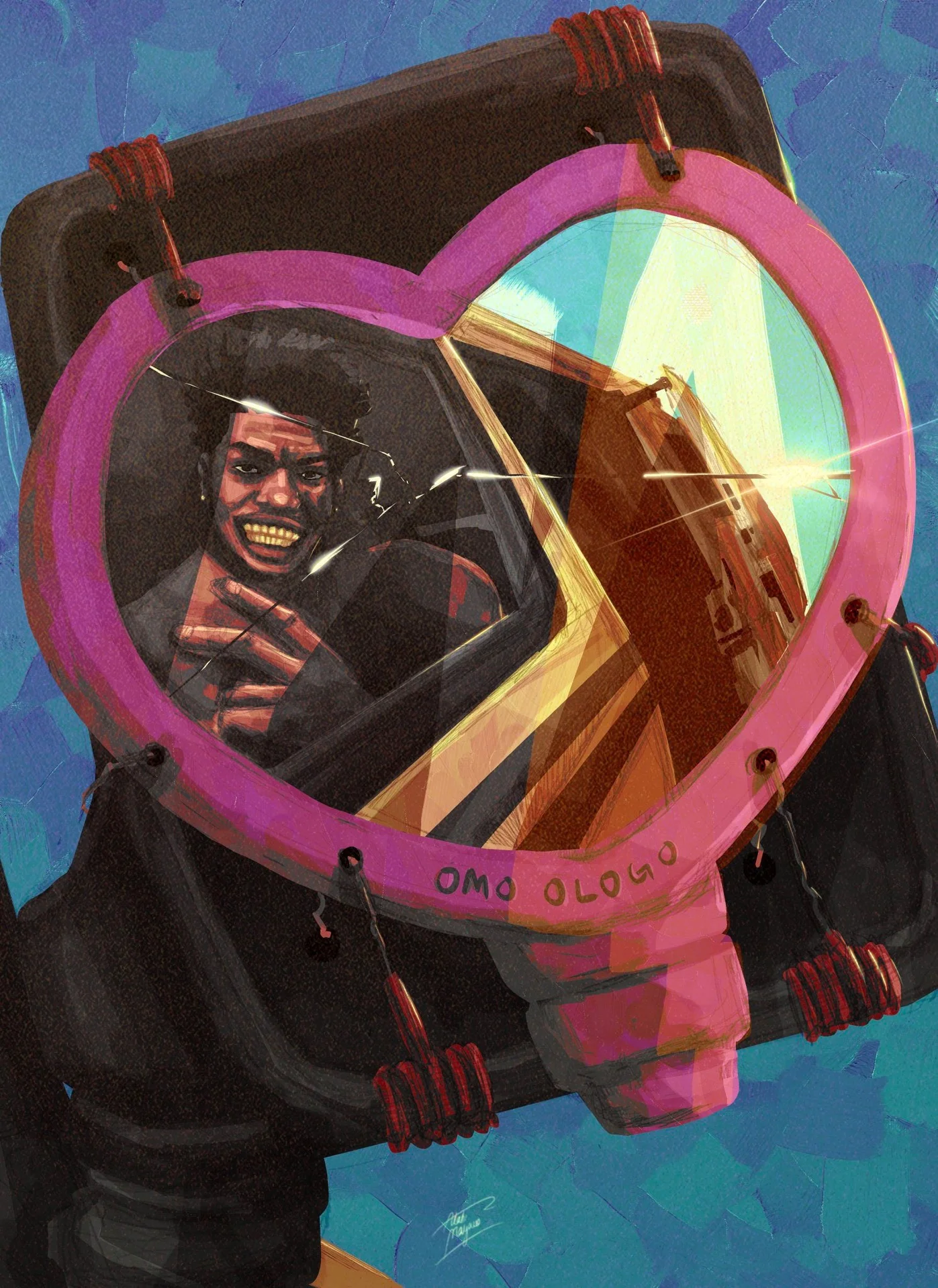 Illustration of a grinning man with gold teeth reflected in a cracked pink heart-shaped side mirror inscribed "Omo Ologo", on blue
