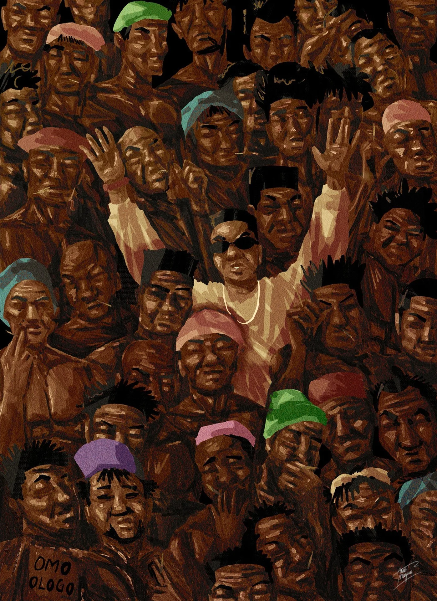 Illustration of a dense crowd of men in coloured berets around a man in sunglasses with arms raised, one shirt reading "Omo Ologo"
