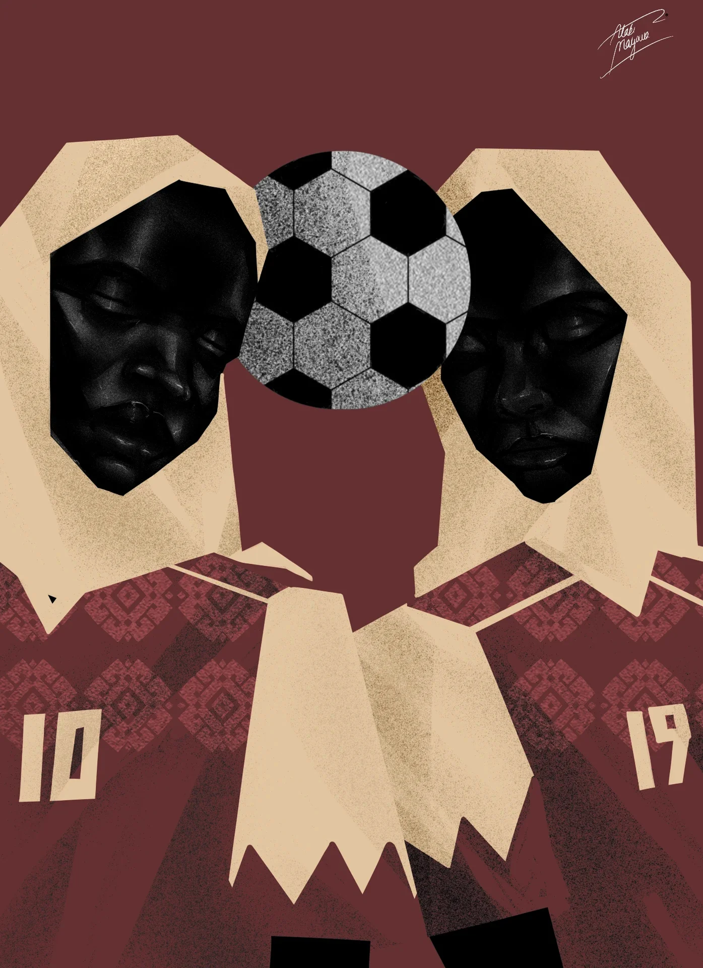 Illustration of two Black women in cream headscarves and maroon patterned kits numbered 10 and 19, their heads framing a football between them, on maroon