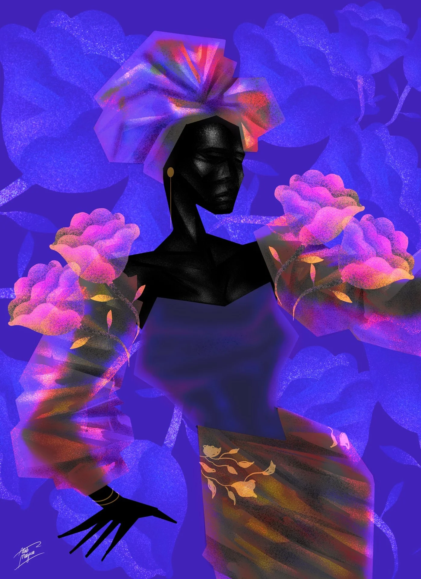 Illustration of a woman in a pink and violet head wrap and sheer sleeves of glowing pink roses, set against a deep blue background of large flowers