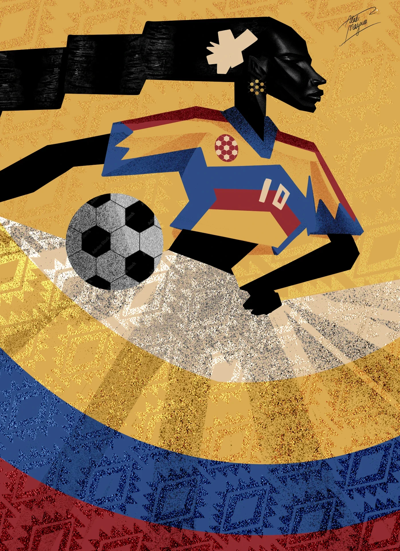 Illustration of a Black woman with streaming hair running with a football in a yellow, blue and red number 10 shirt, above flowing yellow, blue and red bands