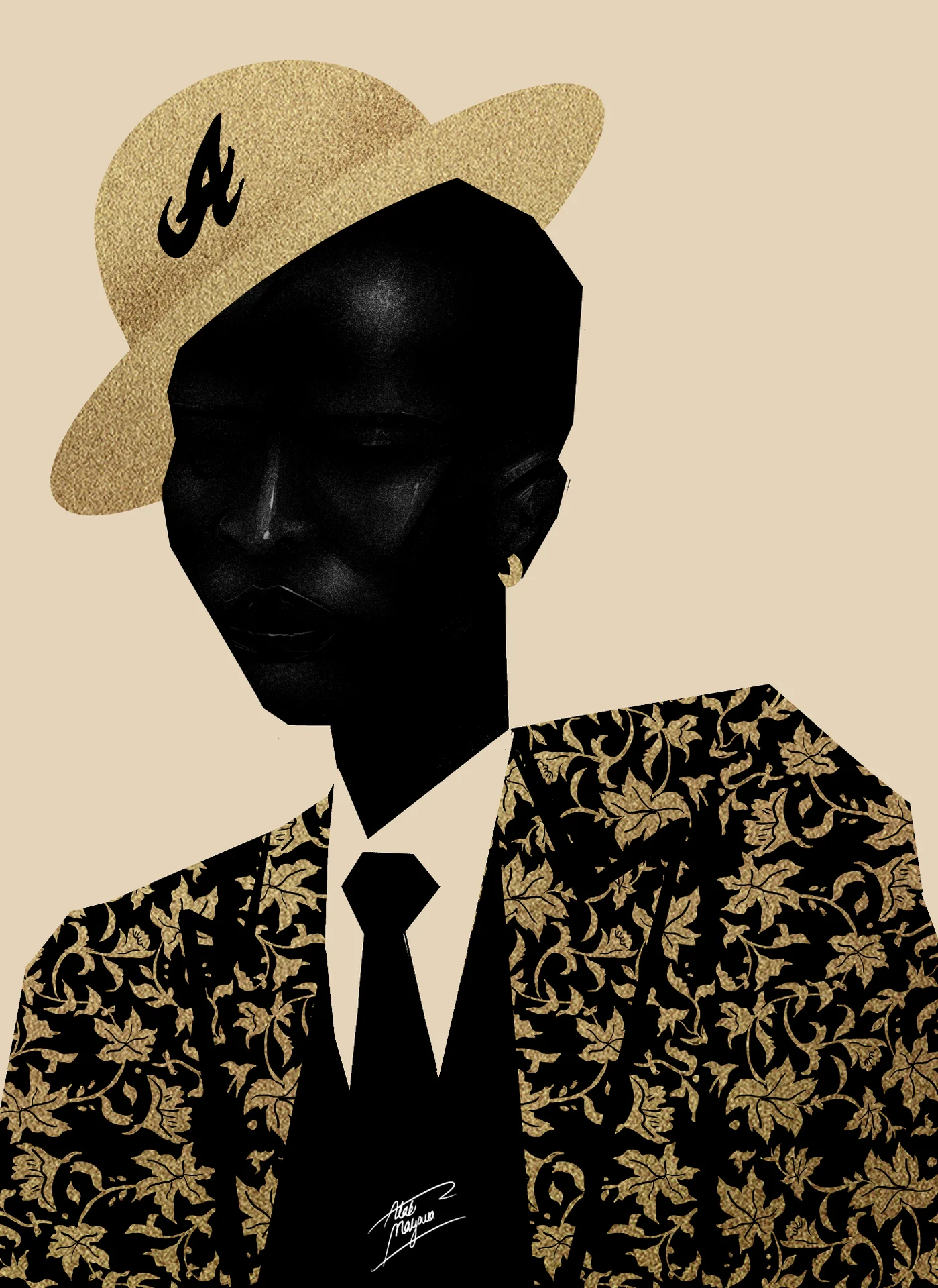 Illustration of a smiling man in a gold bowler hat with an "A" logo, white shirt and black tie, and a black suit with gold leaf pattern