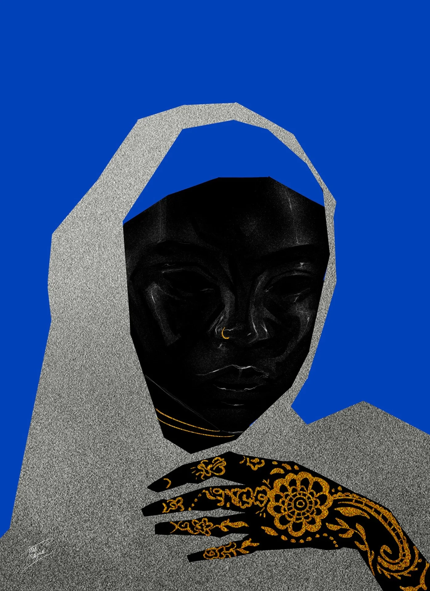 Illustration of a Black woman in a grey speckled headscarf gazing ahead, a gold nose ring and a gold henna-patterned hand at her chest, on a bright blue background