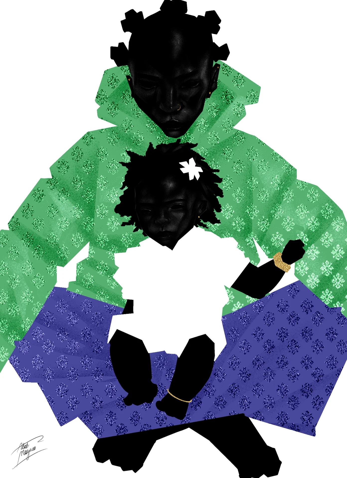 Illustration of a mother with bantu knots in a green patterned top and purple wrapper, cradling a little girl in white on her lap