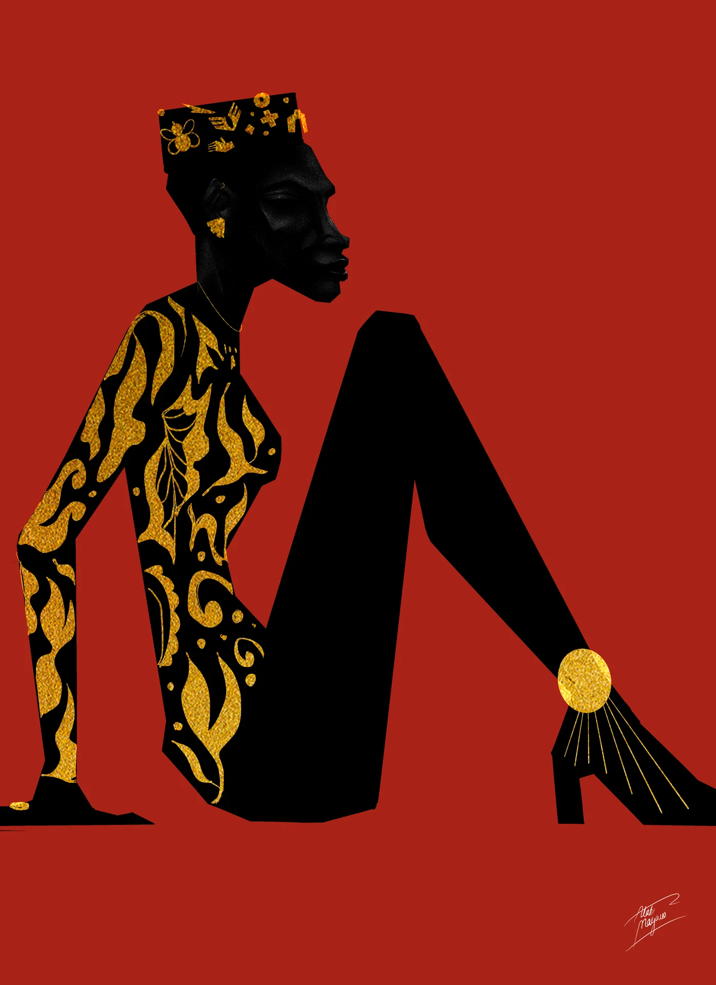 Illustration of a Black woman seated in profile with one knee raised, wearing a black outfit with gold flame patterns and a patterned cap, on a red background