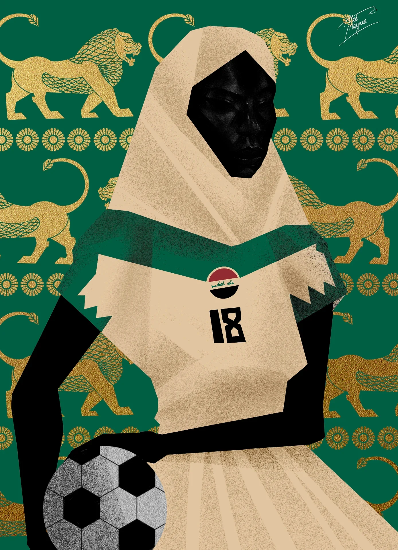 Illustration of a Black woman in a cream head covering and number 18 shirt with an Iraqi flag badge, hand on a football, before gold winged lions on green