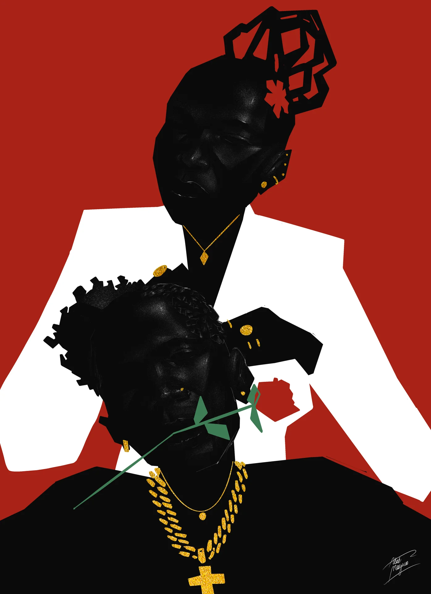 Illustration of a woman in a white jacket with sculpted hair standing behind a man in gold chains and a cross, a red rose between his teeth, on red
