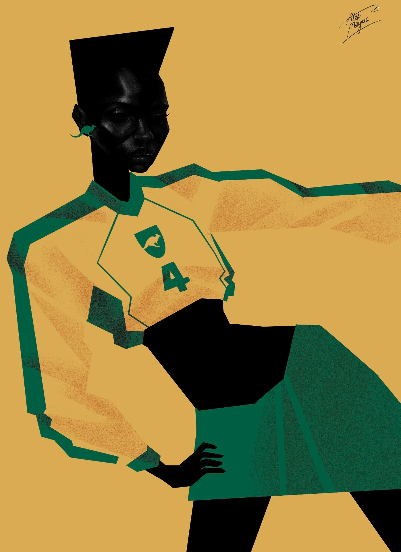 Illustration of a Black woman with a tall flat-top haircut and kangaroo earring, in a gold number 4 top with a kangaroo crest and green skirt, on gold