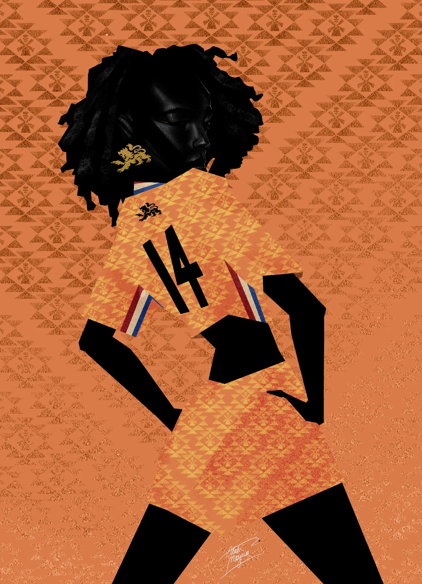 Illustration of a Black woman with locs, seen from behind and glancing back, in an orange patterned number 14 kit with a lion crest, on an orange patterned background