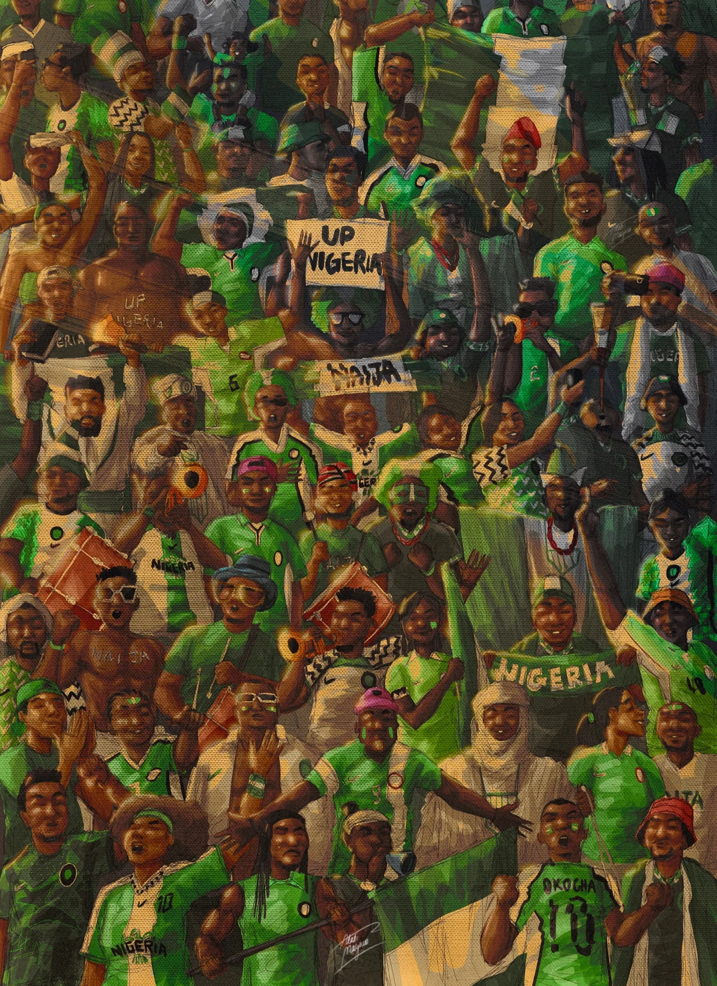 Illustration of a packed crowd of Nigeria football fans in green jerseys with drums and horns, holding "Up Nigeria" and "Naija" signs, one shirt reading "Okocha 10"