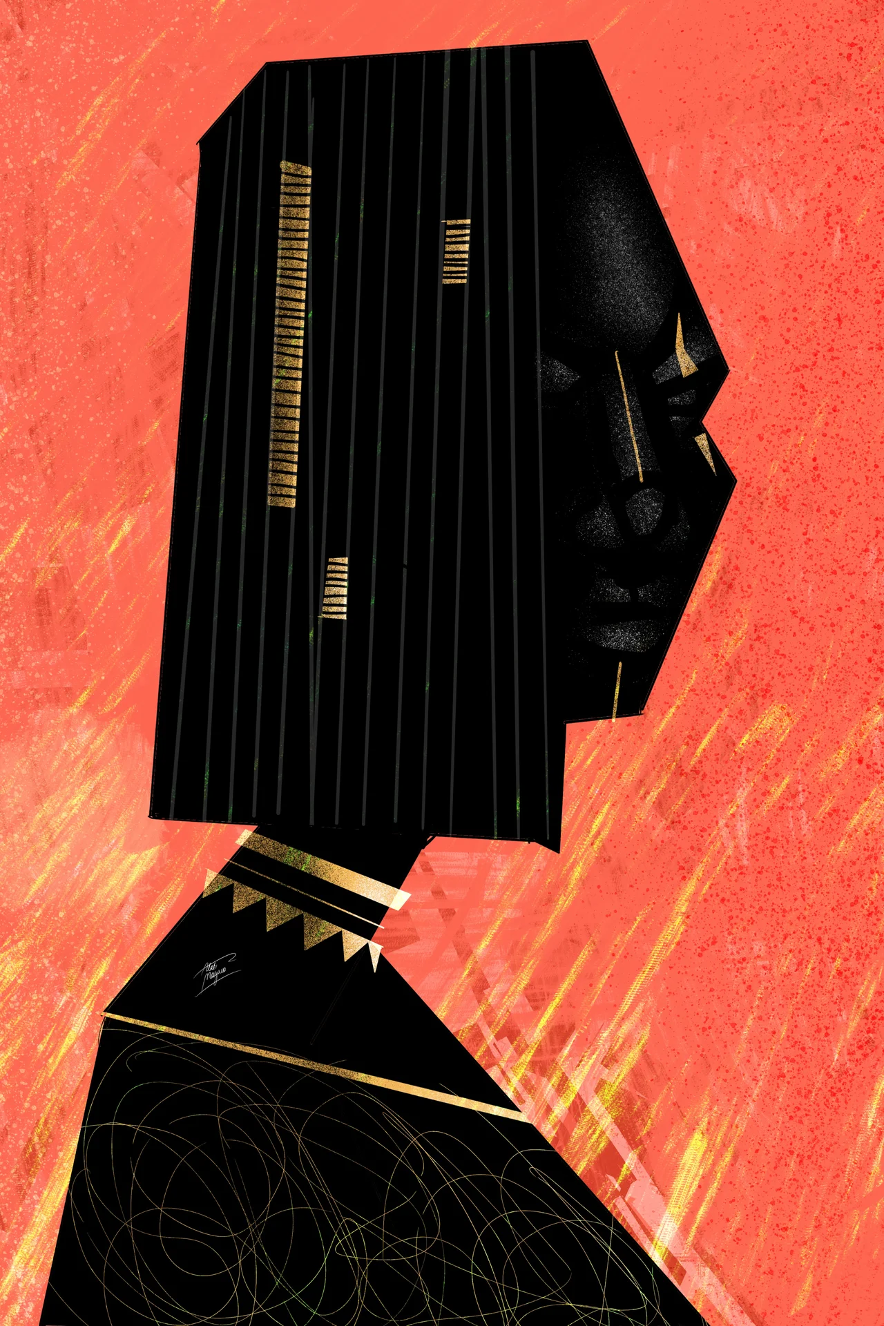 Illustration of a figure in profile with long straight black hair striped with gold and a gold-trimmed collar, against coral orange
