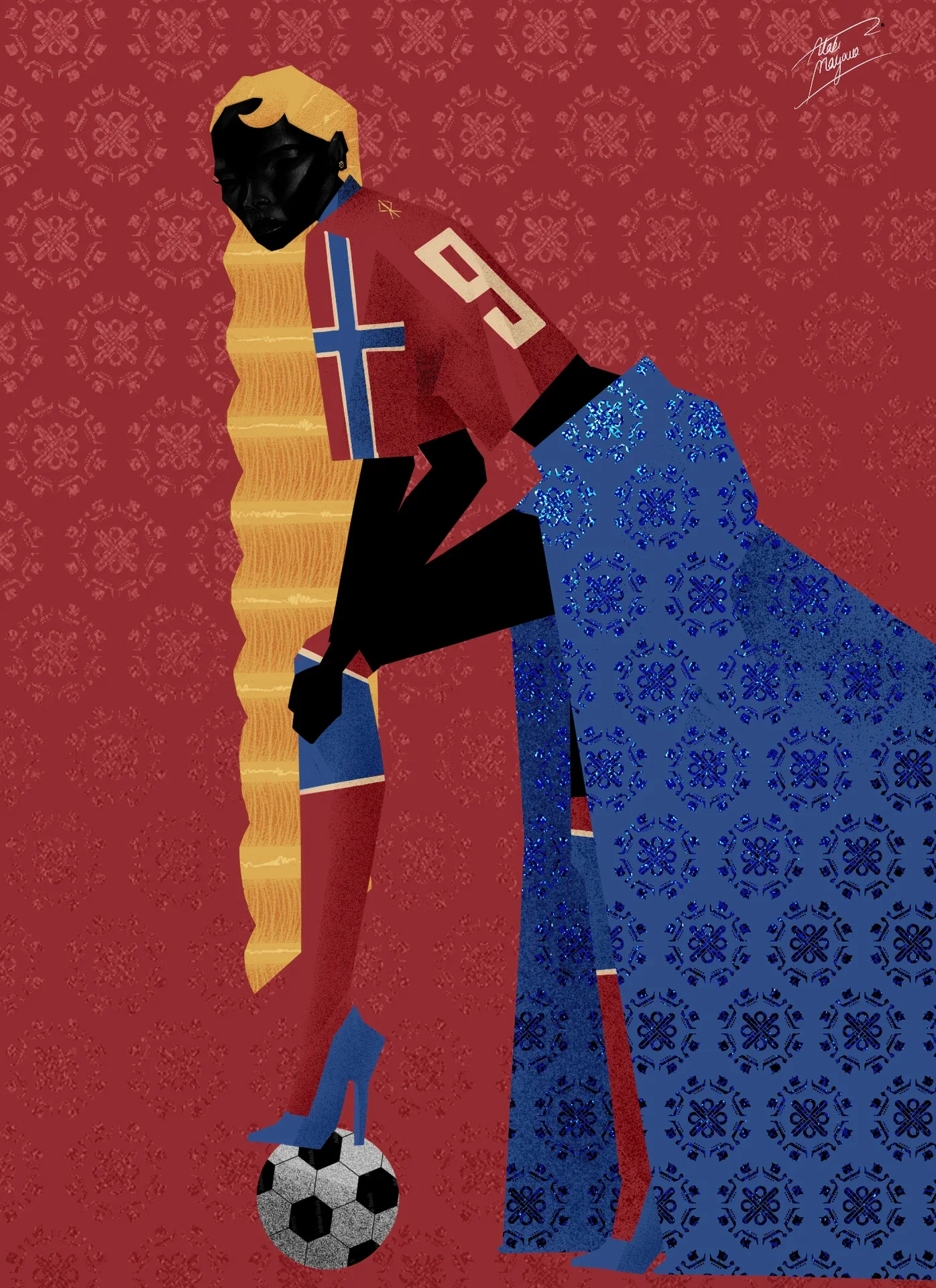 Illustration of a Black woman with a long blonde braid in a red number 9 shirt with a Nordic cross, resting a heel on a football, with a blue patterned cape