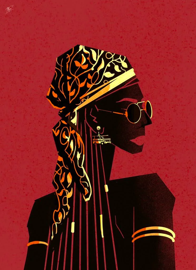 Illustration of a woman in profile in a patterned headscarf and round sunglasses, wearing a yellow bus-shaped earring, on deep red