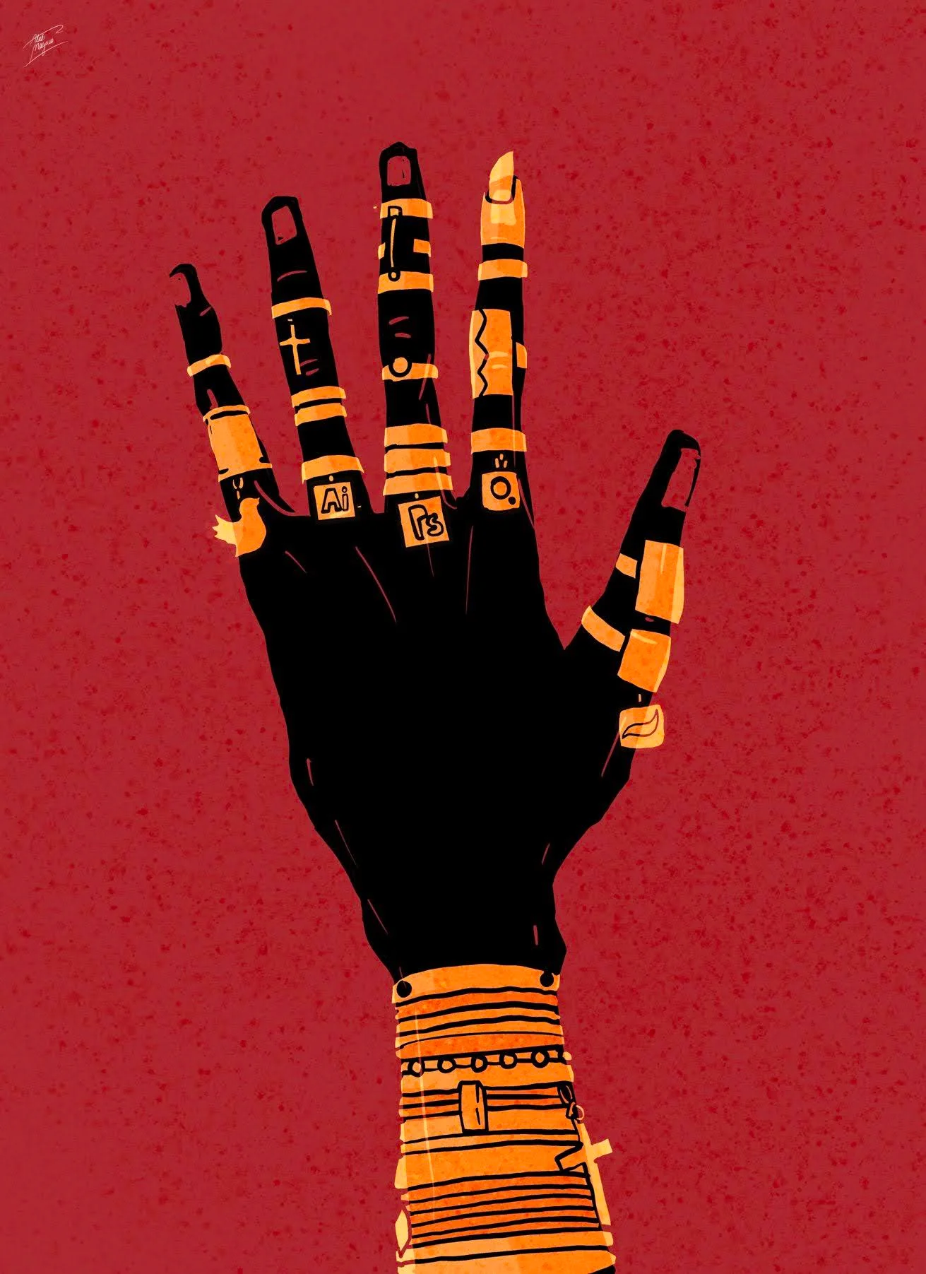 Illustration of a raised black hand covered in gold rings and bands, two rings bearing Adobe "Ai" and "Ps" icons, on deep red