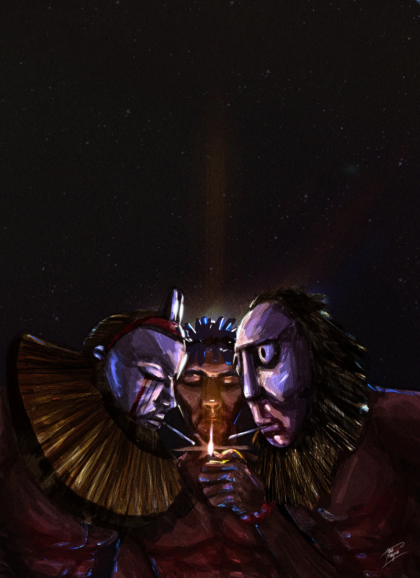 Illustration of three figures, two in masquerade masks with raffia collars, huddled to light cigarettes from one flame under a starry night sky