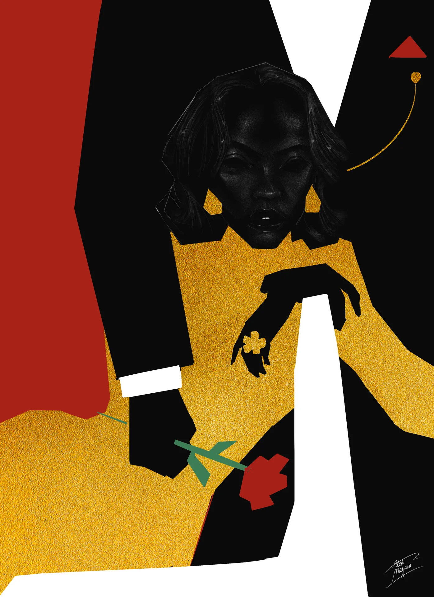 Illustration of a woman in a gold dress held close by a man in a black suit, a red rose drooping from his hand, in bold red, black, white and gold blocks