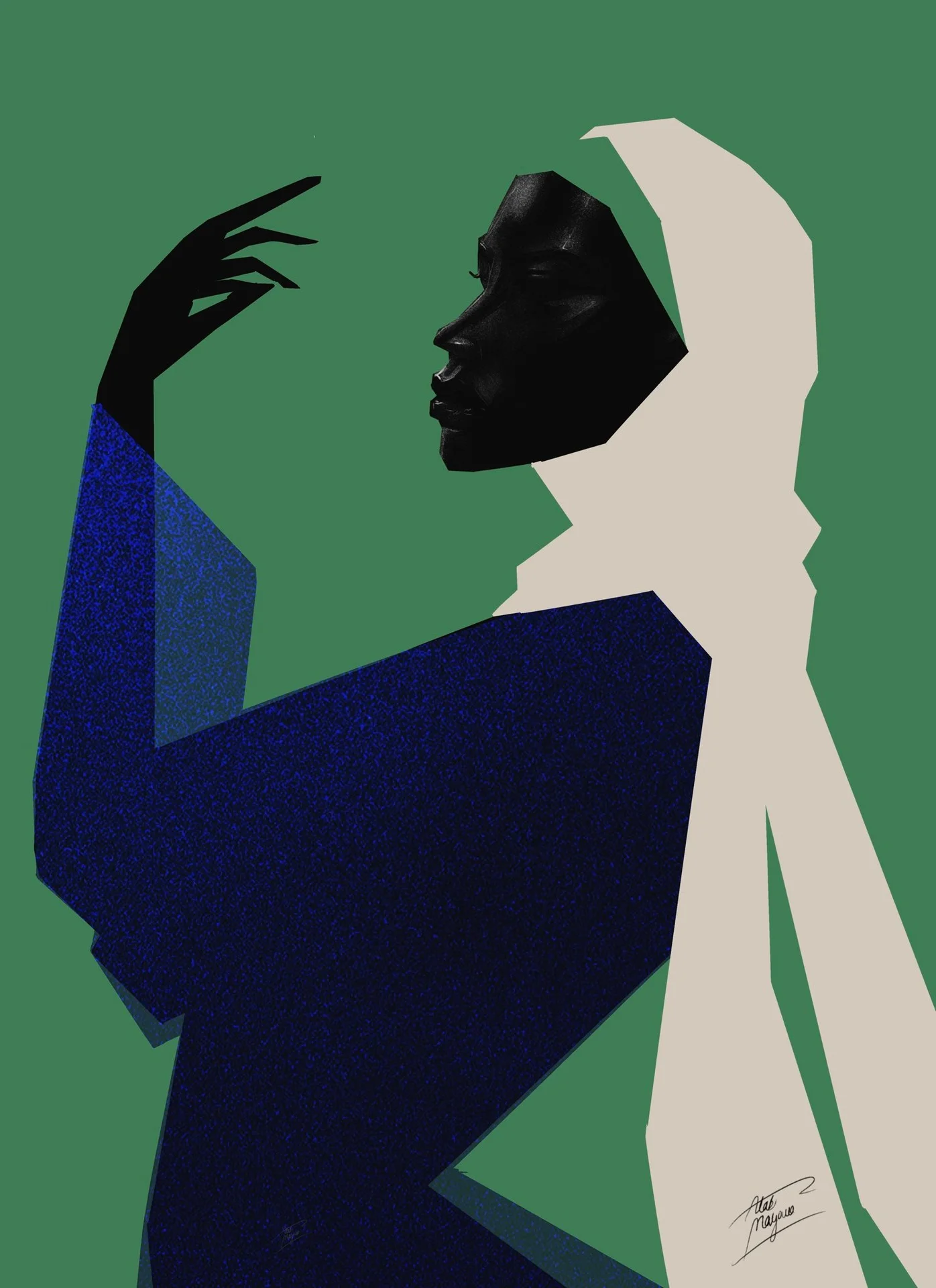 Illustration of a Black woman in profile in a cream headscarf and navy dress, one hand raised gracefully, on a green background