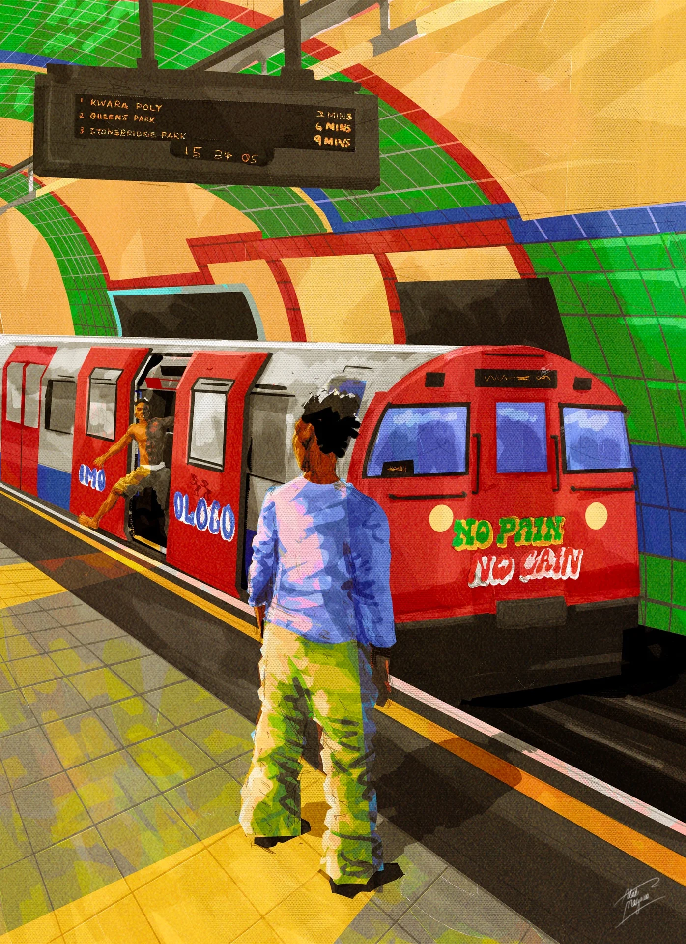 Illustration of a man on a King's Cross Underground platform as a red Tube train arrives, graffitied "Omo Ologo" and "No pain no gain"