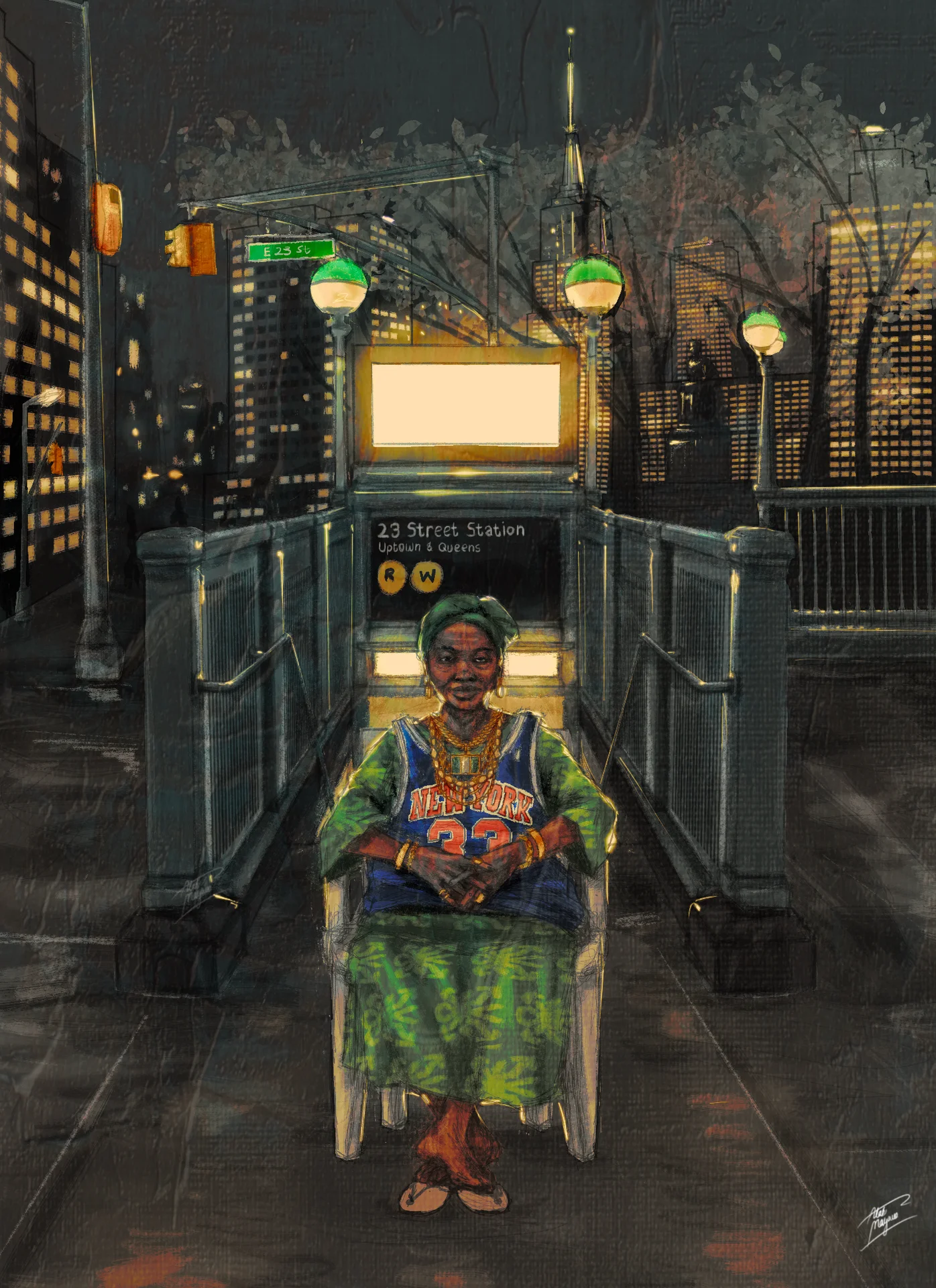 Illustration of an older woman in a head wrap and New York Knicks jersey seated outside the 23 Street subway station in New York at night