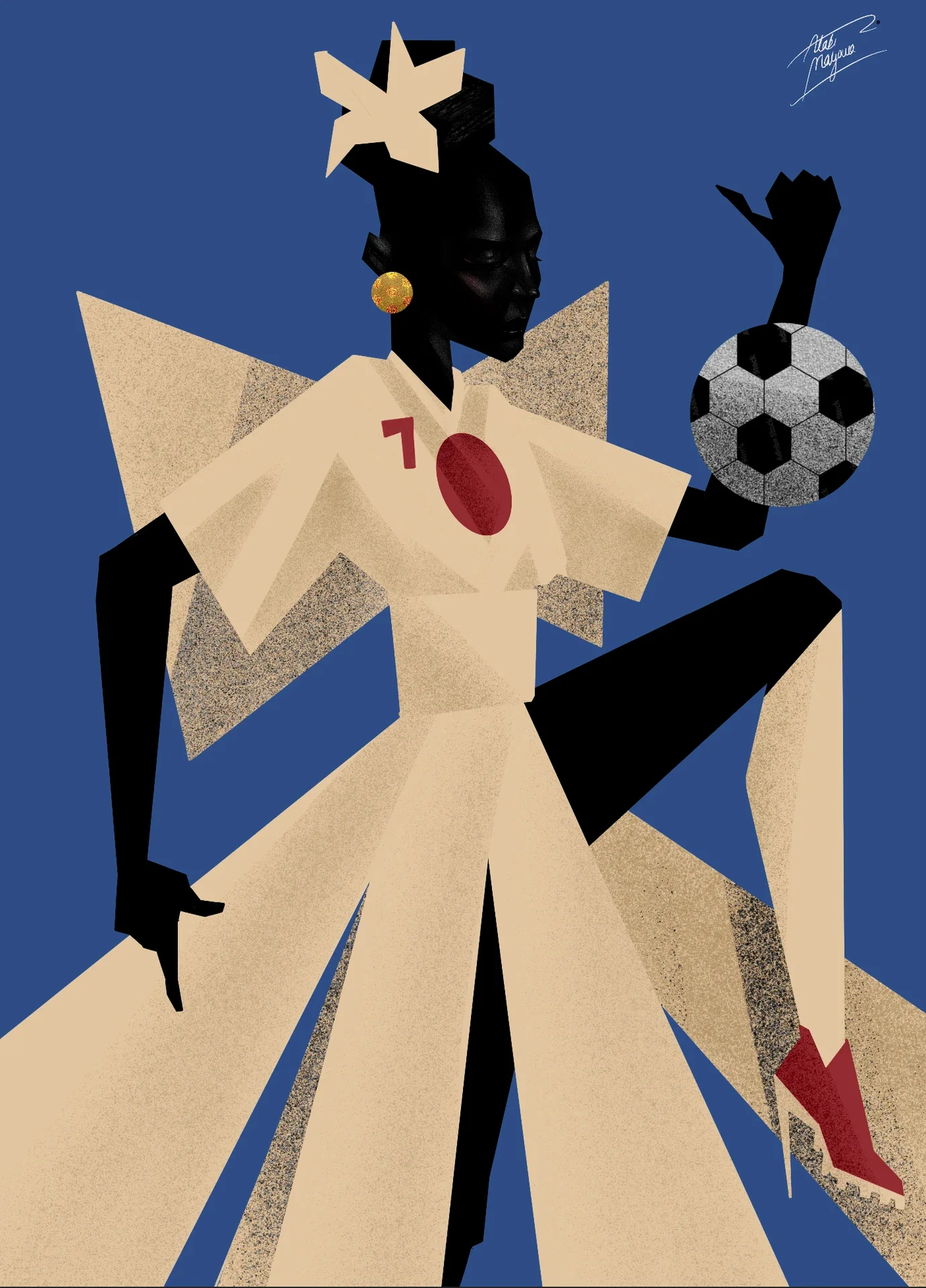 Illustration of a Black woman in a cream number 7 dress with a red circle on the chest and red boots, flicking a football up with one hand, on blue
