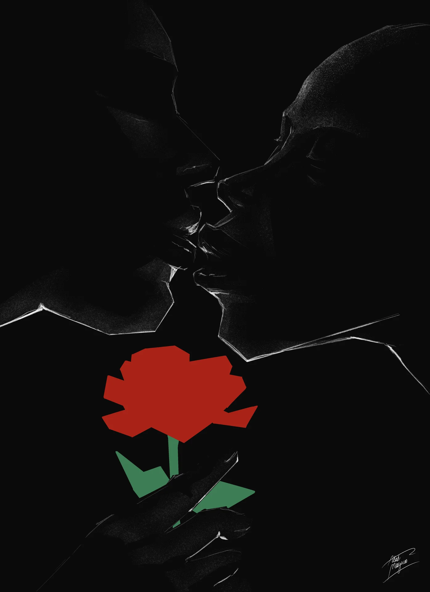Illustration of a couple kissing in near-total darkness, their faces traced in faint white lines, a bright red rose held between them