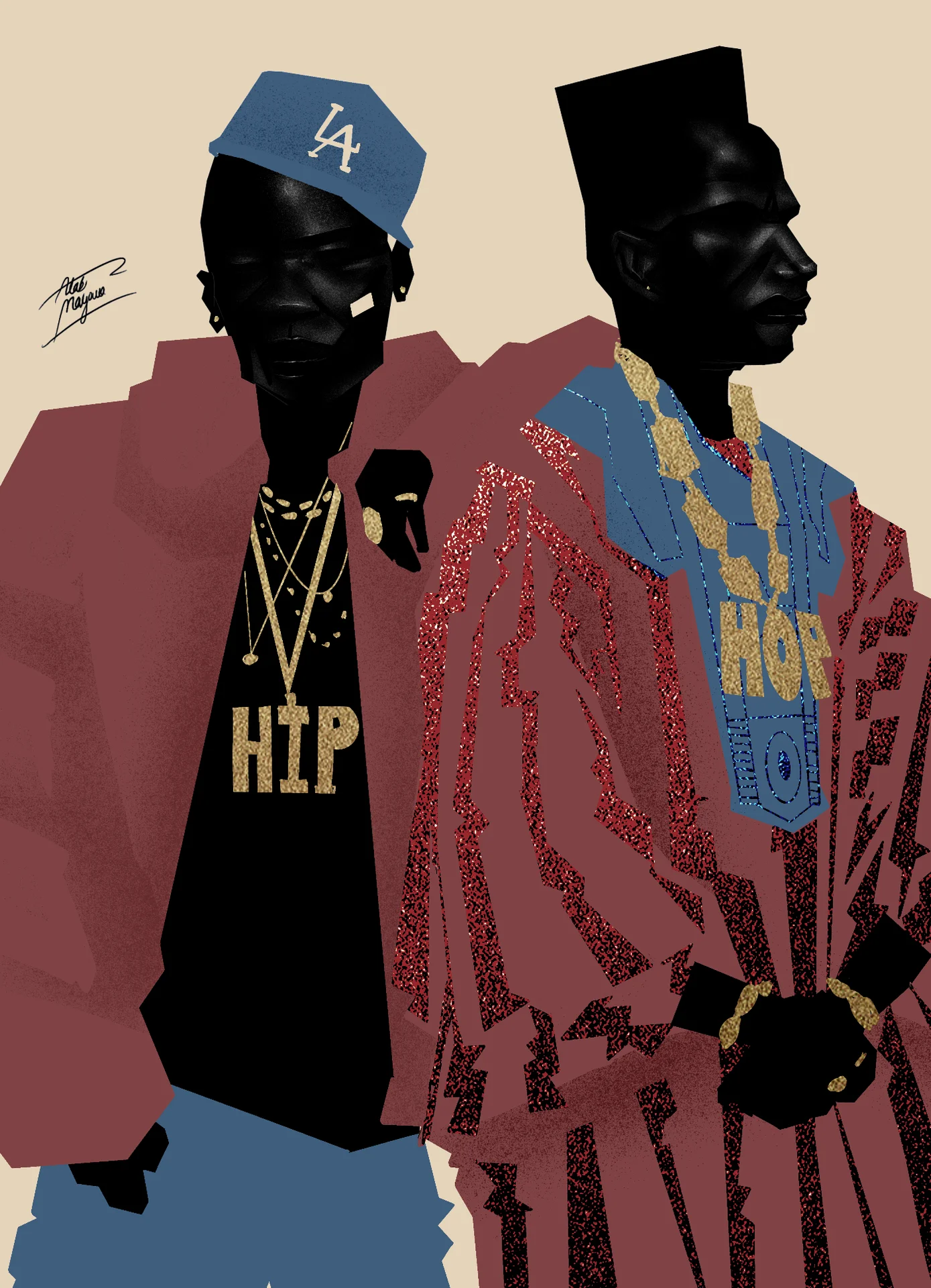 Illustration of two men side by side, one in an LA cap with a "Hip" chain, the other in a tall hat and red robe with a "Hop" pendant