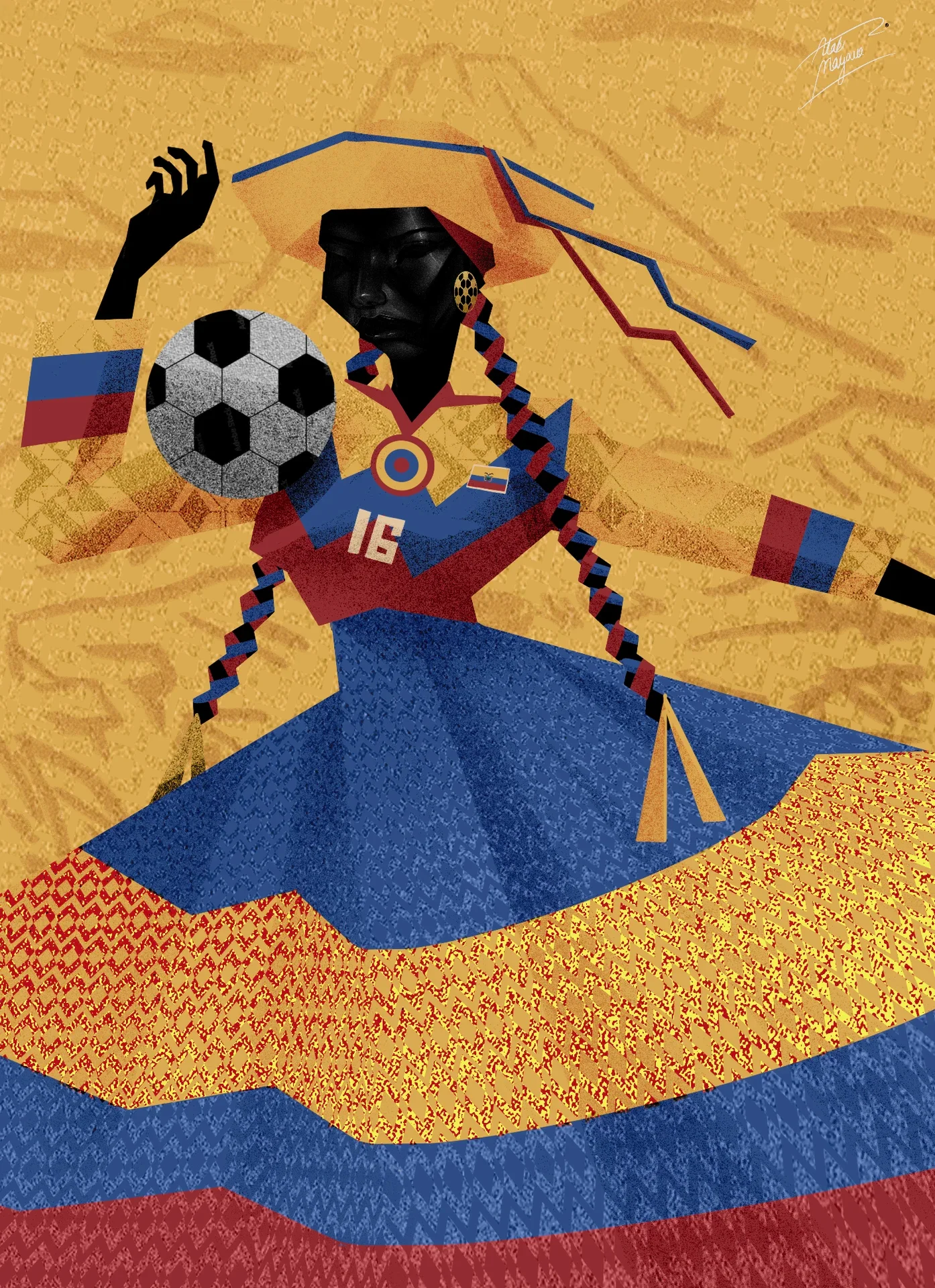 Illustration of a Black woman in a hat with long braids heading a football, in a red and blue number 16 shirt and a full yellow, blue and red skirt