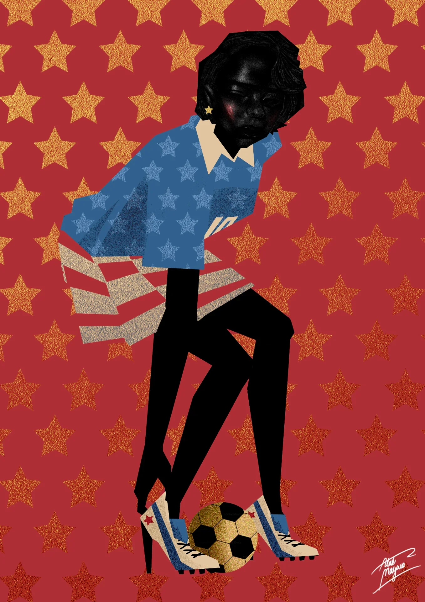 Illustration of a Black woman in a blue star-print shirt and red and white striped skirt, resting a high-heeled boot on a gold football, on red with gold stars