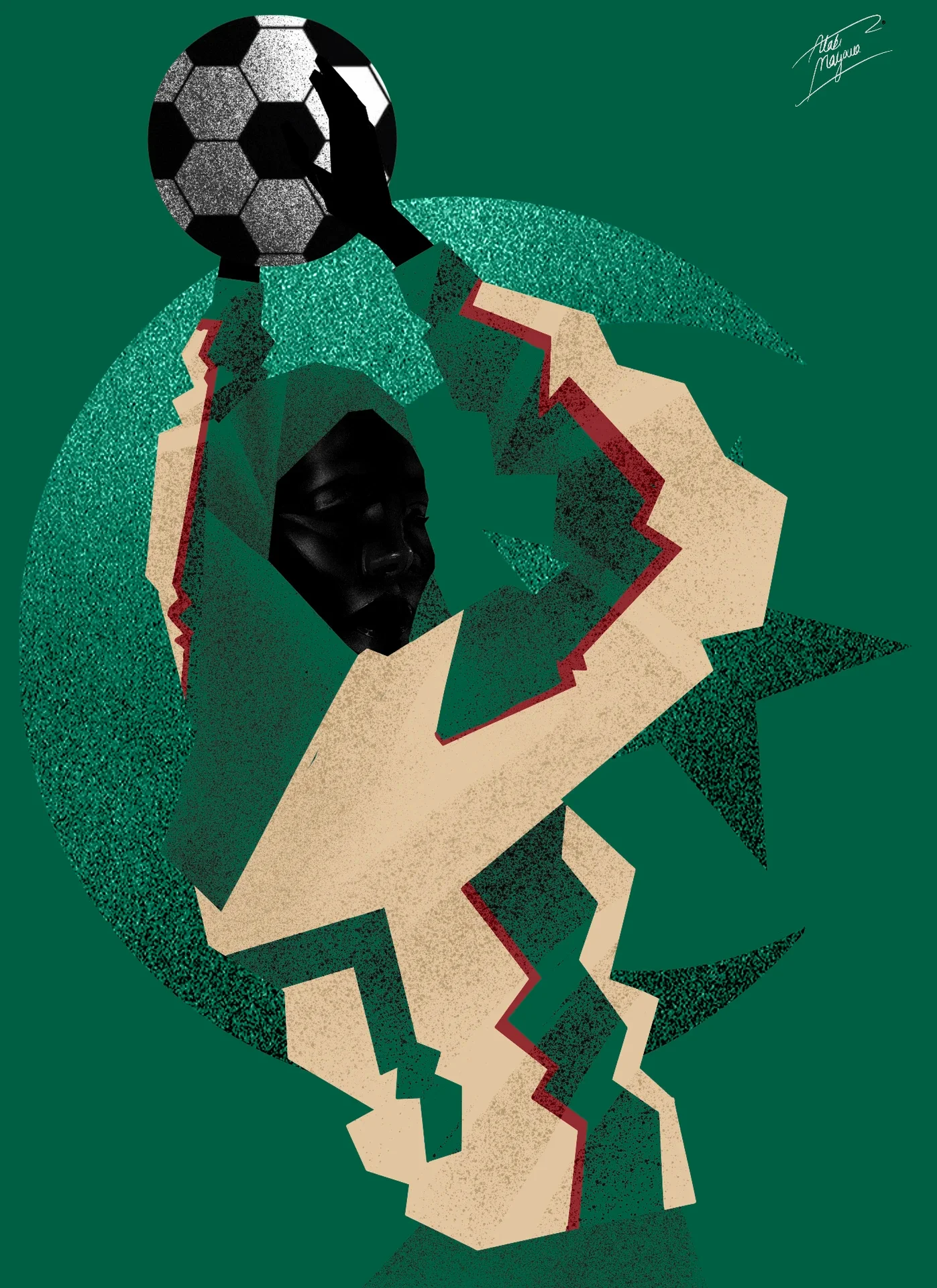 Illustration for Algeria of a Black woman lifting a football overhead in a green and cream shirt, framed by a large green crescent and star